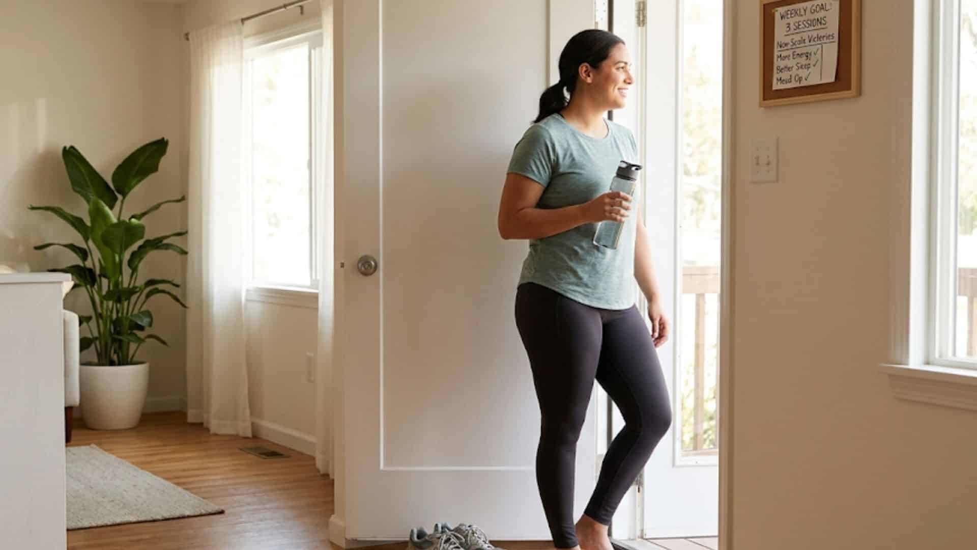 cheerful woman stands by a bright doorway, holding a water bottle next to her exercise shoes, ready to walk