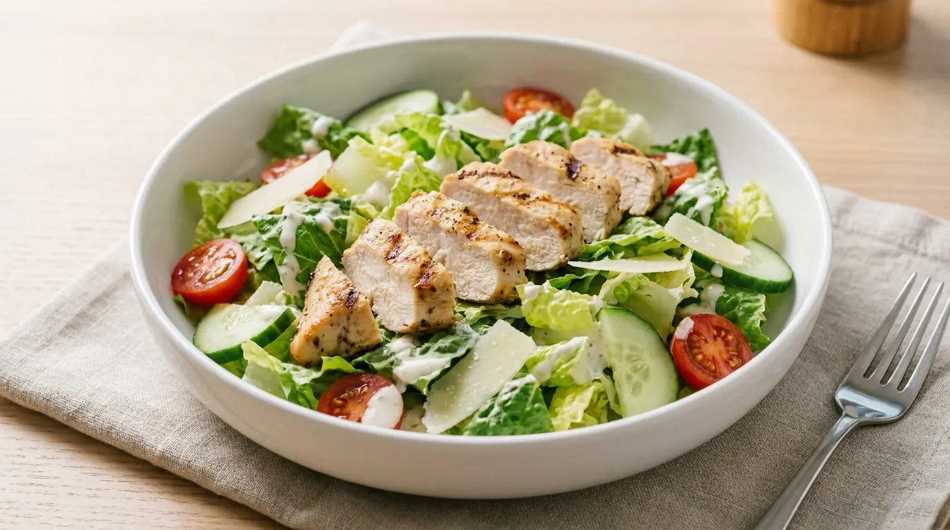 chicken caesar lettuce bowl with romaine parmesan cucumber tomatoes and light yogurt dressing