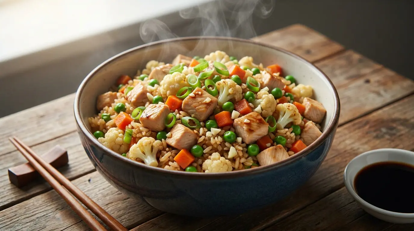 chicken cauliflower fried rice with carrots peas green onion garlic and soy sauce in a bowl