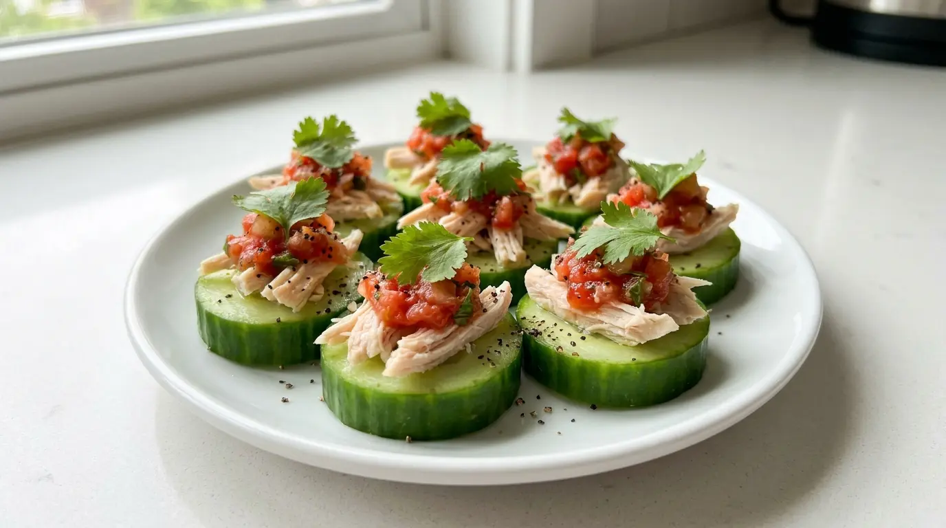 chicken cucumber bites with salsa cilantro and pepper arranged as a fresh high protein snack