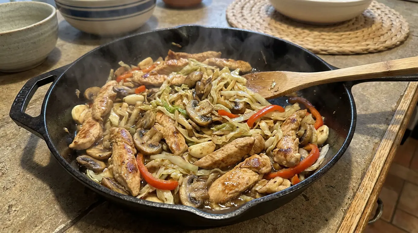 chicken mushroom cabbage skillet with garlic pepper and soy sauce in a large warm pan