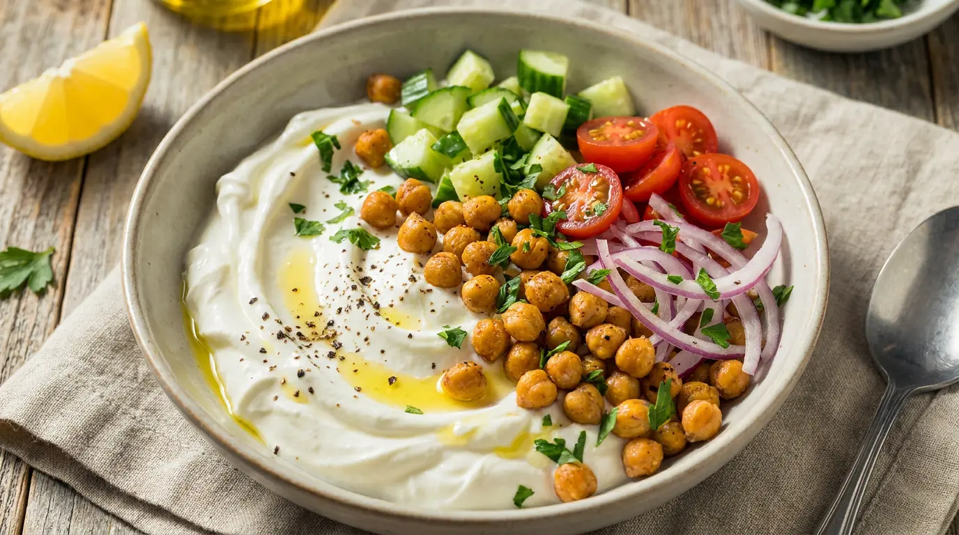 chickpea greek yogurt bowl with cucumber tomato onion parsley lemon and black pepper