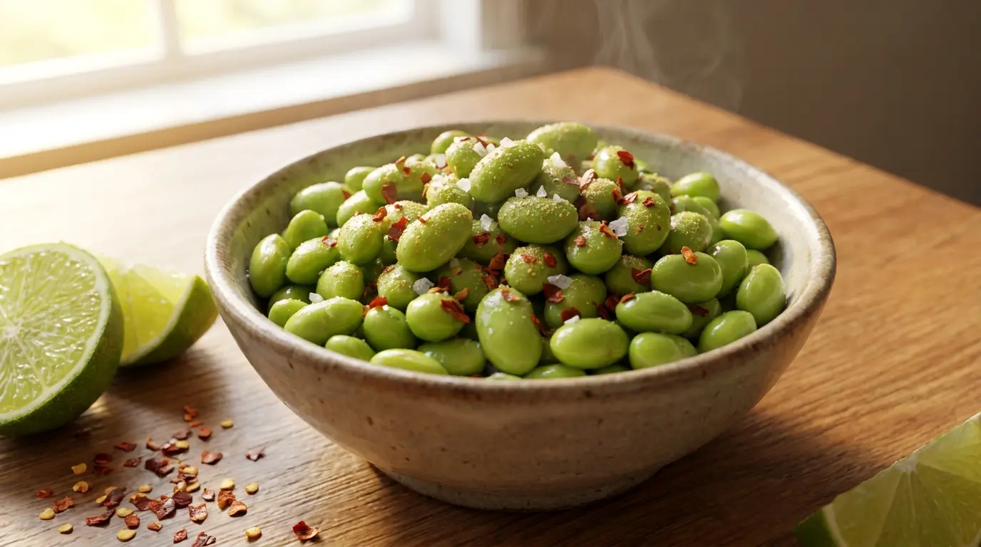 chili lime edamame with garlic seasoning in a small bowl on a clean kitchen counter