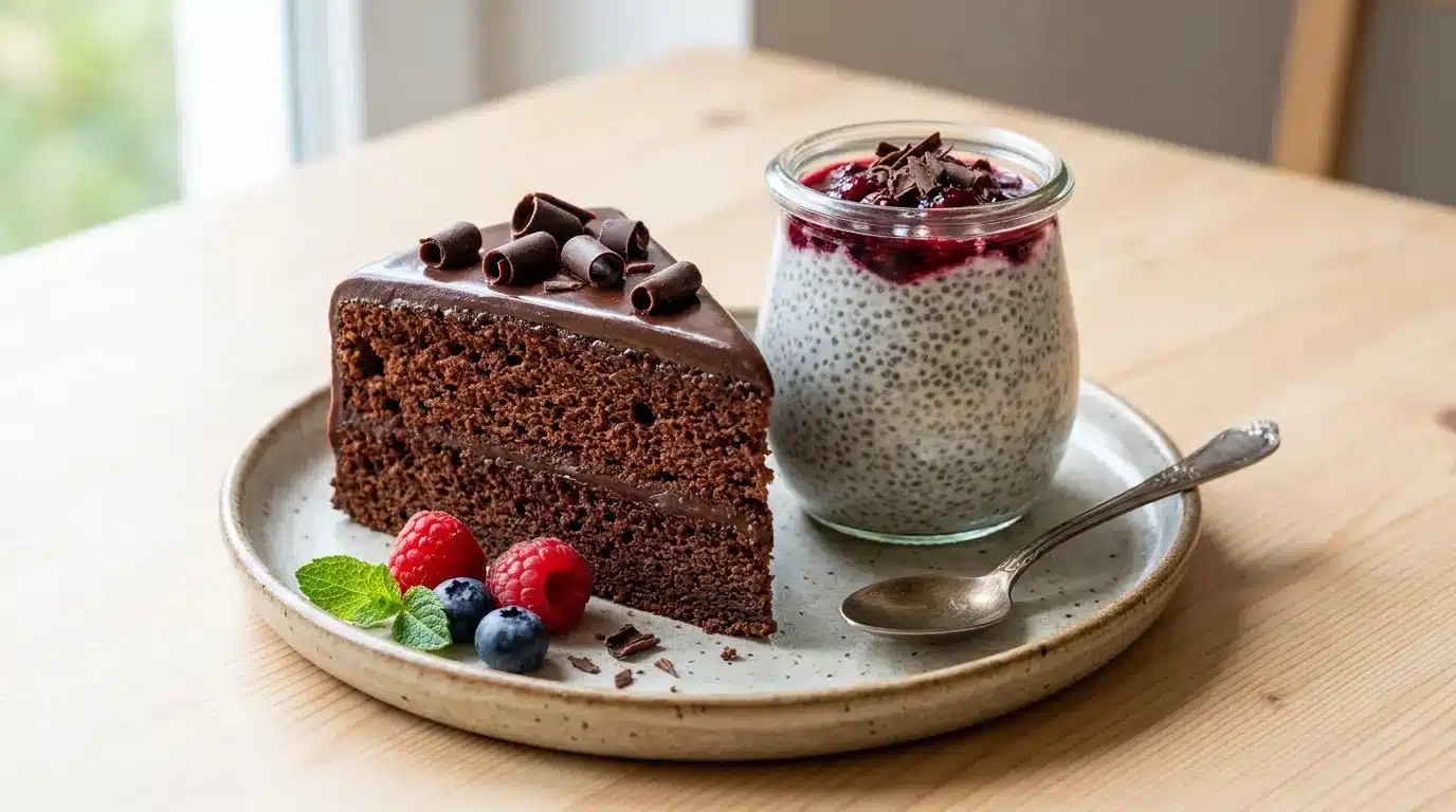 chocolate cake beside chia pudding berries mint and dark chocolate