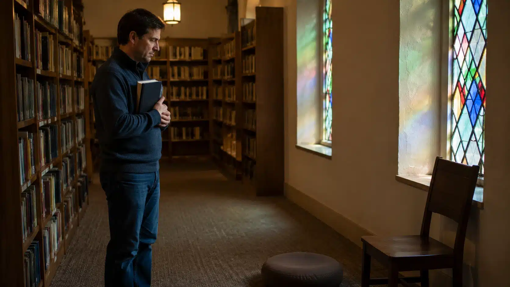 christian holding a bible in a church library while thinking about meditation and biblical truth