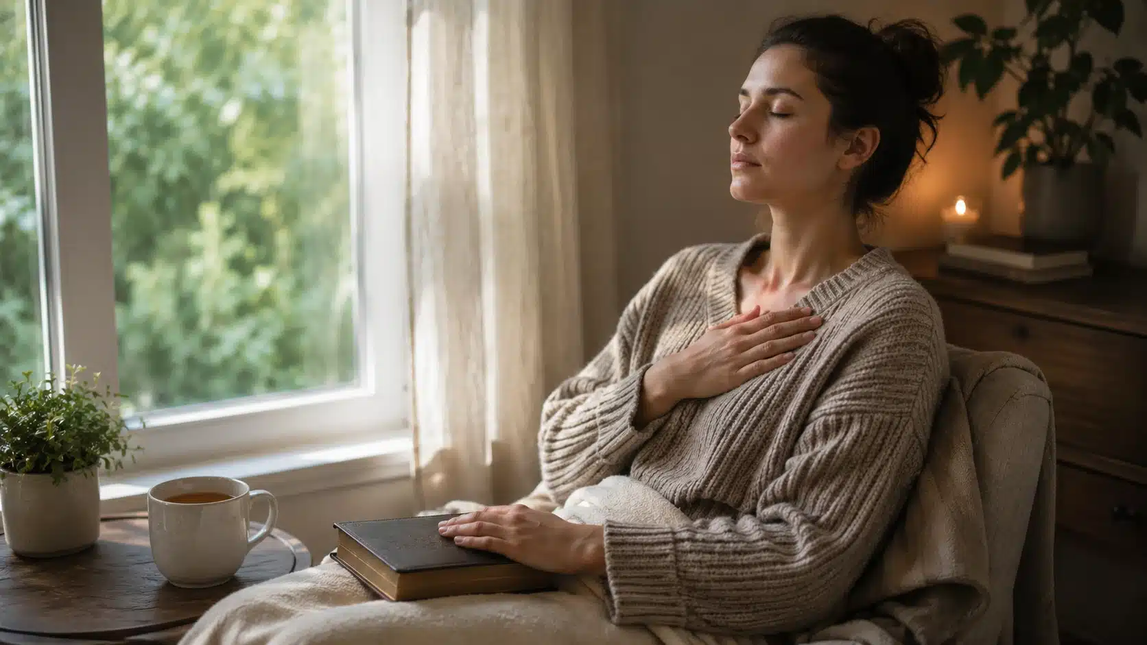 christian resting on a porch with a bible while using quiet reflection for stress and anxiety
