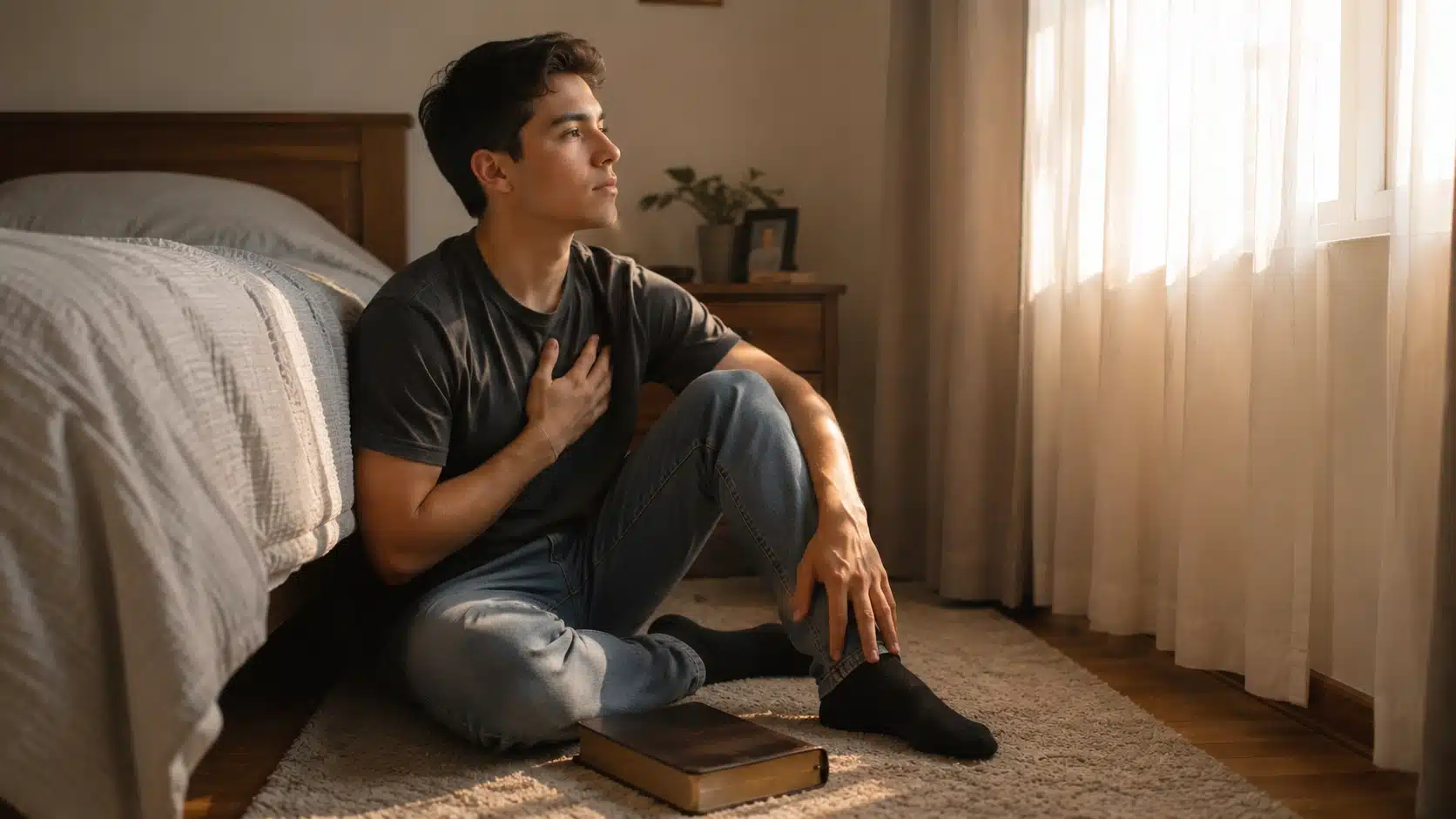 christian sitting calmly beside a bed with a bible nearby while checking faith and conscience
