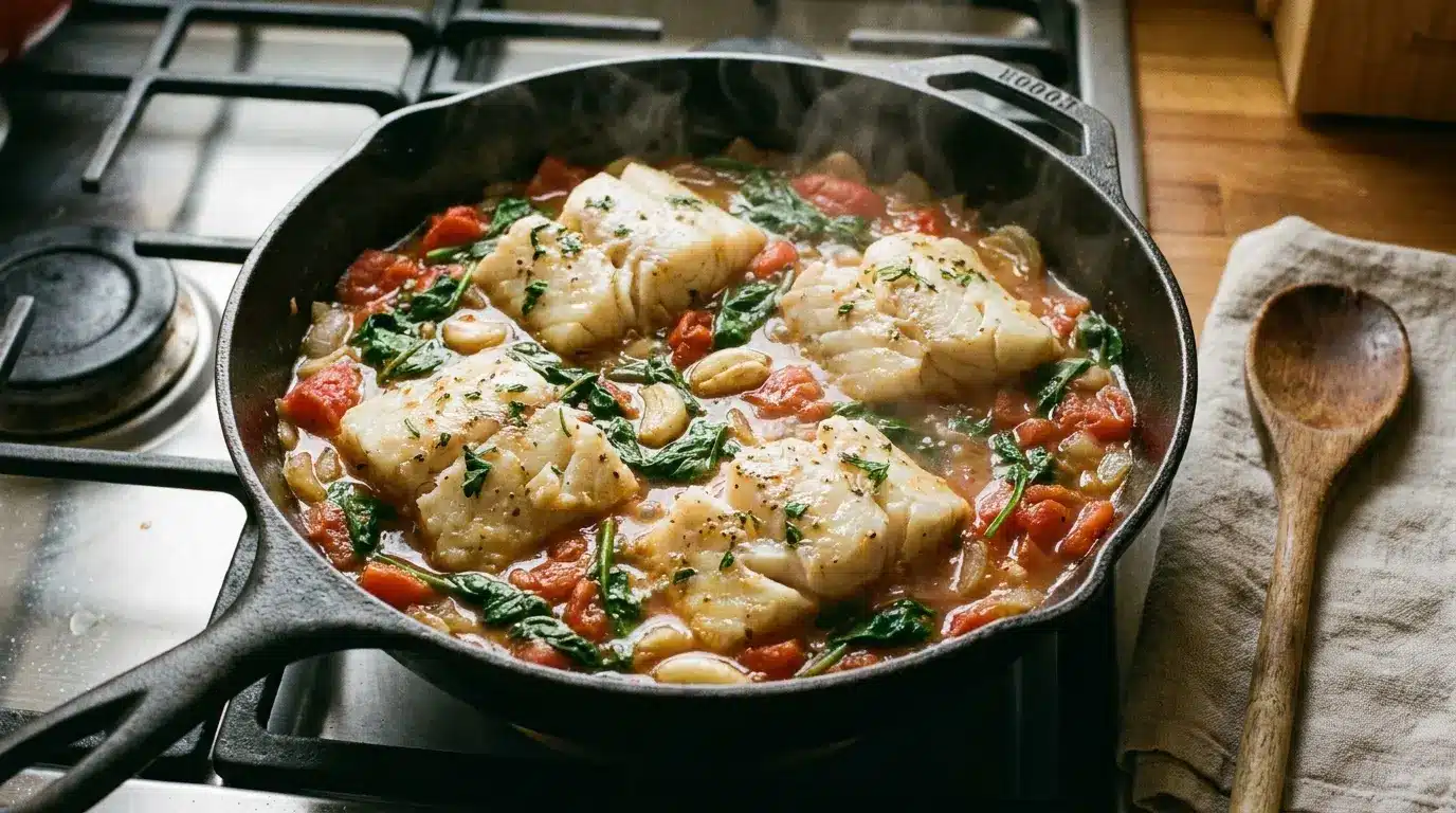cod tomato spinach skillet with garlic onions herbs and broth in a black pan on a stovetop