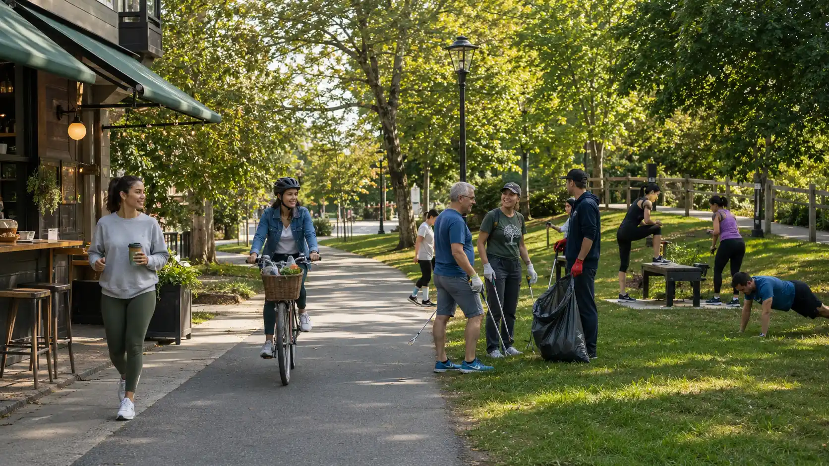 community members walking cycling exercising in a park and joining a cleanup walk in a local neighborhood