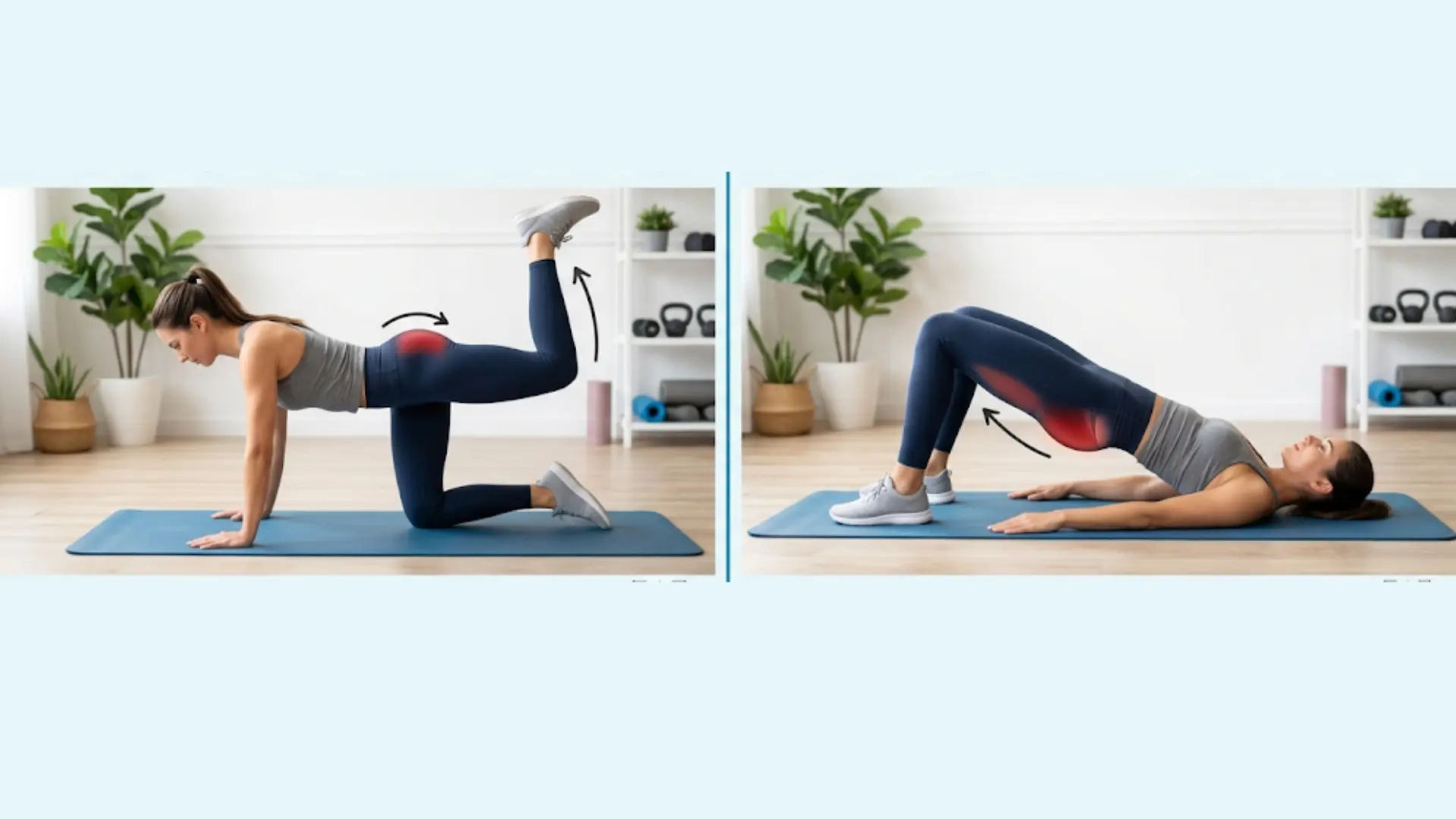 comparing Donkey Kicks for glute activation and Glute Bridges for strength loading, showing correct form and benefits