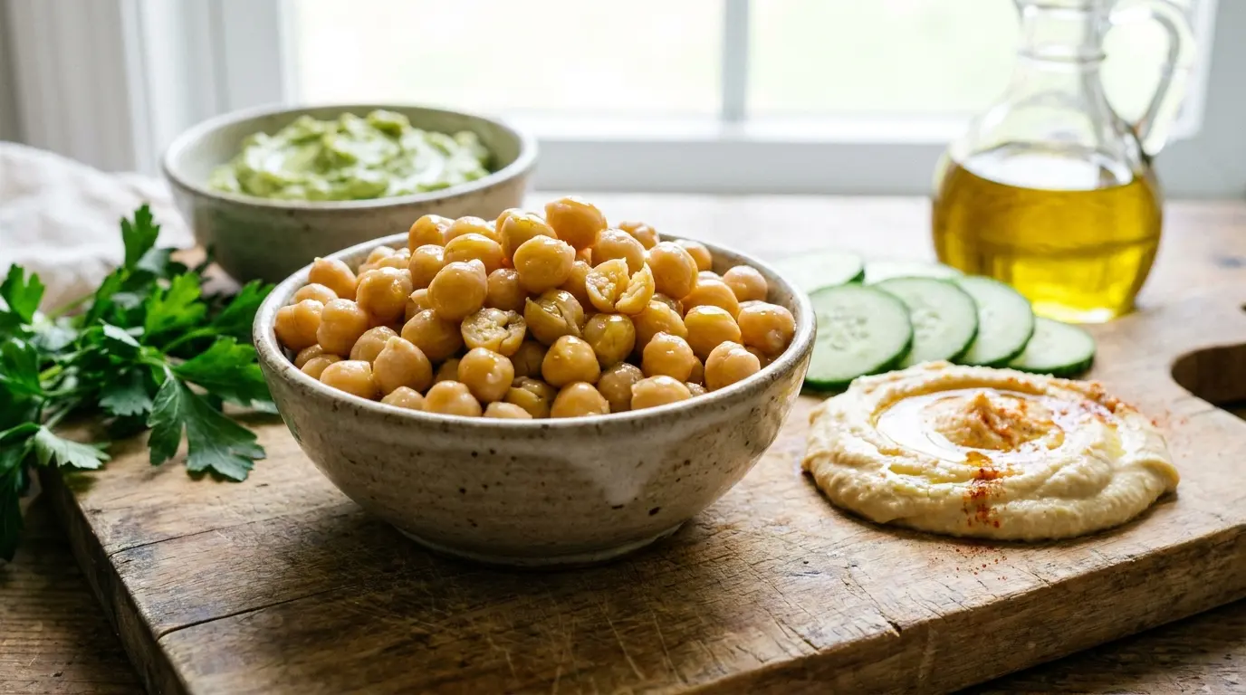 cooked chickpeas with hummus cucumber and avocado dip on wooden board