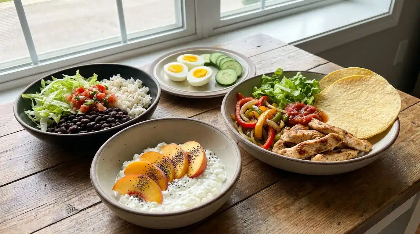 cottage cheese black bean bowl boiled egg and chicken fajita bowl shown on a bright table