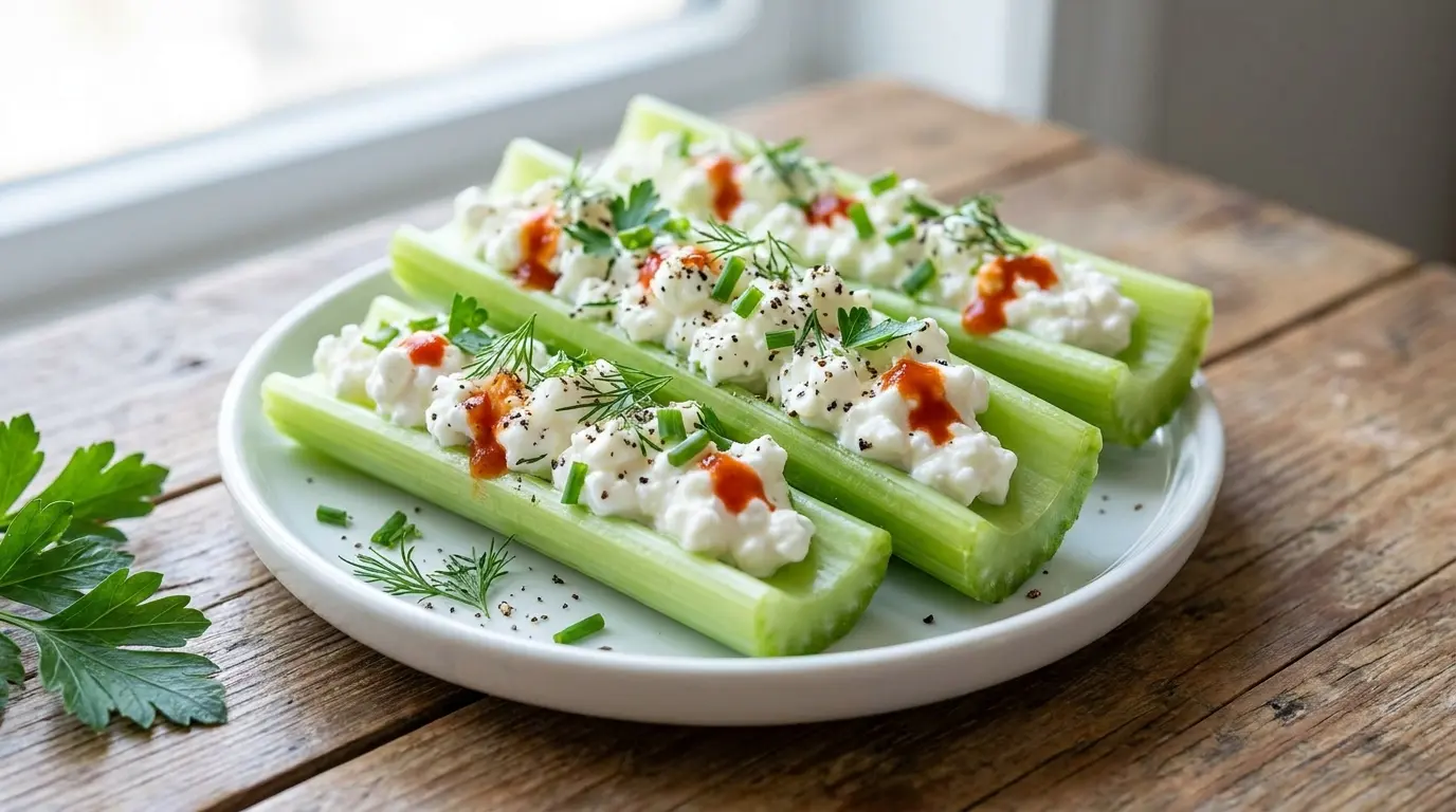 cottage cheese celery cups with herbs pepper and hot sauce served as a cool crunchy snack
