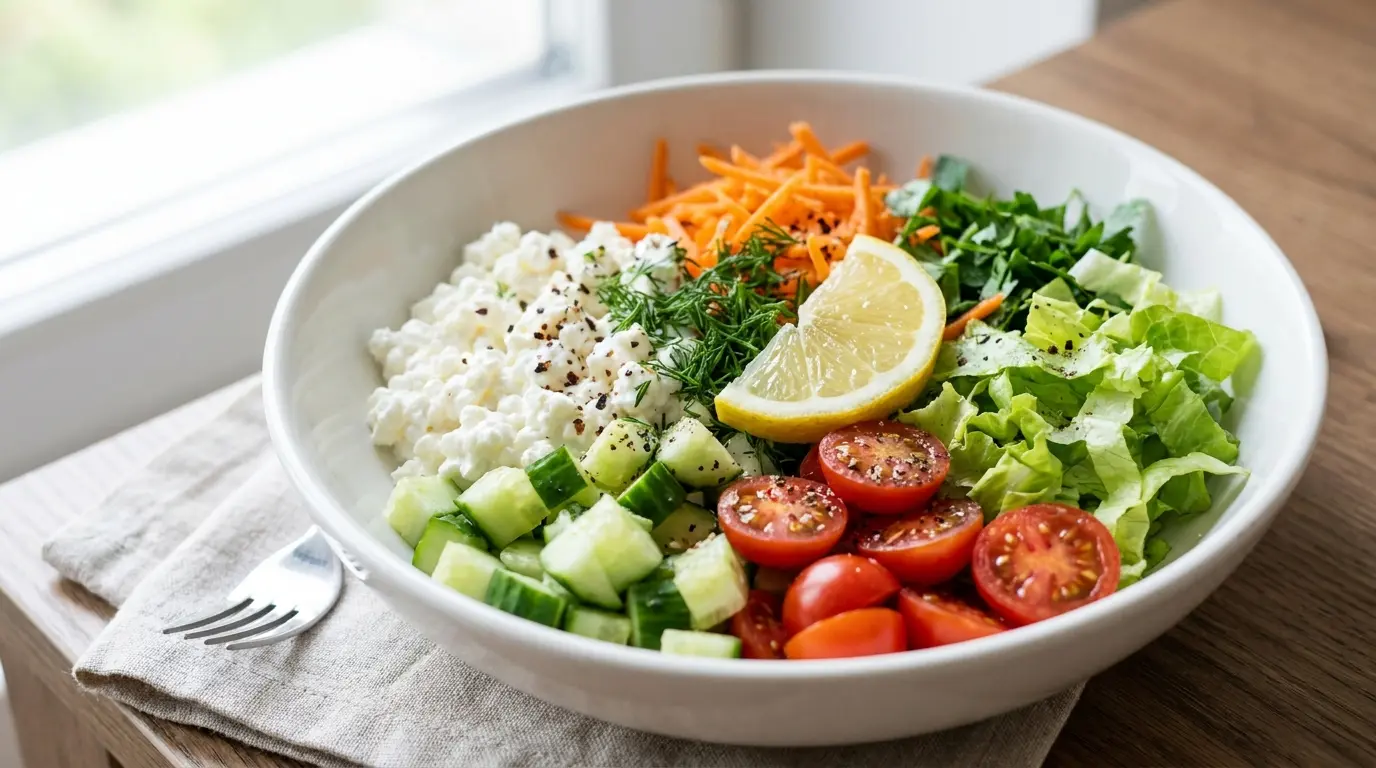 cottage cheese veggie bowl with cucumber tomato carrot lettuce herbs lemon and pepper