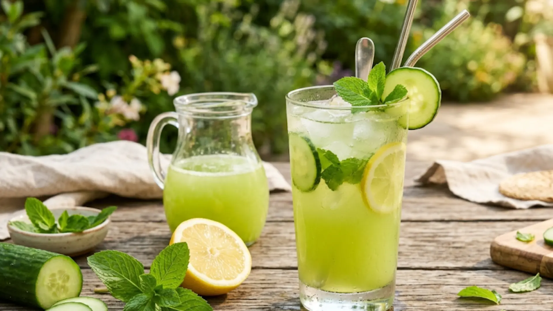 cucumber lemon cooler in a tall glass, garnished with mint and cucumber