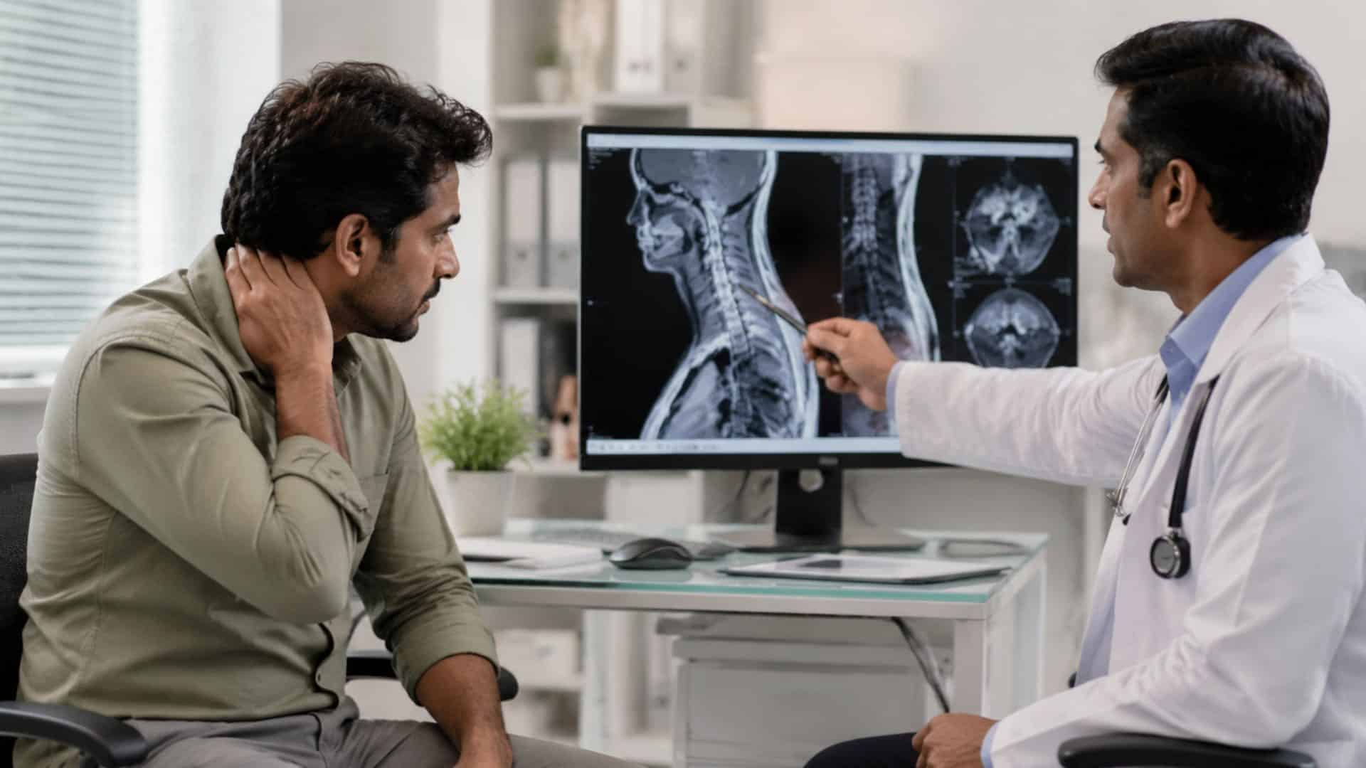 doctor reviews cervical spine MRI with patient in clinic