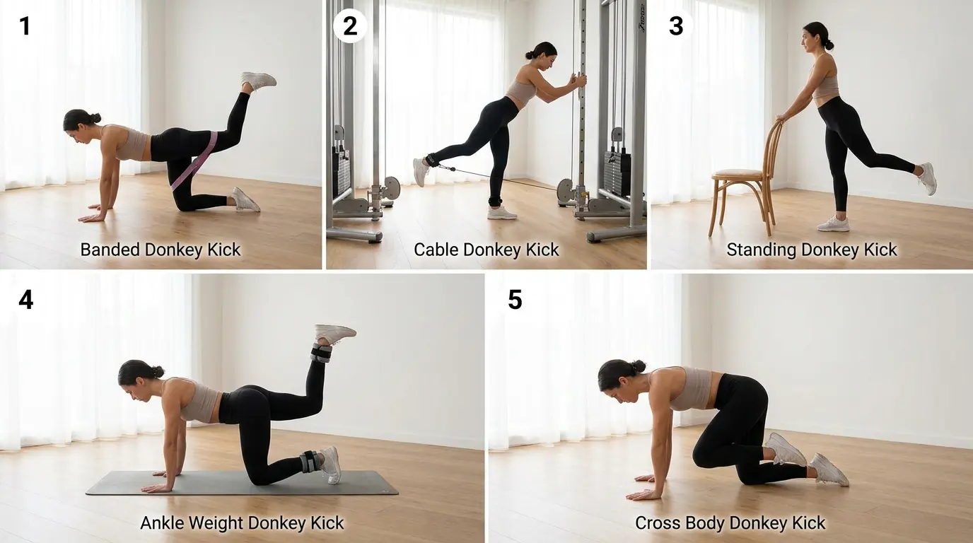 Donkey kick variations grid showing banded, cable, standing, ankle weight, and cross-body versions