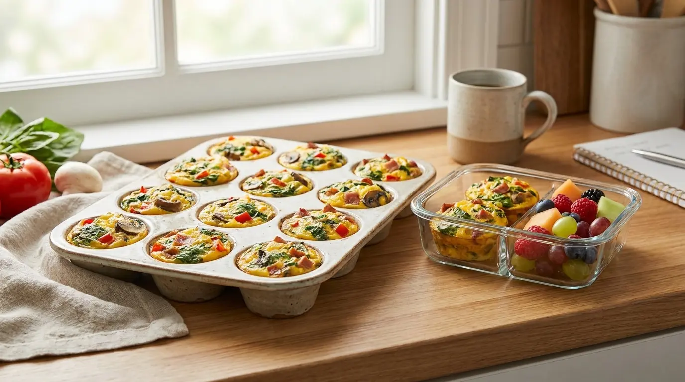 egg muffin meal prep cups with spinach peppers mushrooms and turkey in a tray with fresh fruit