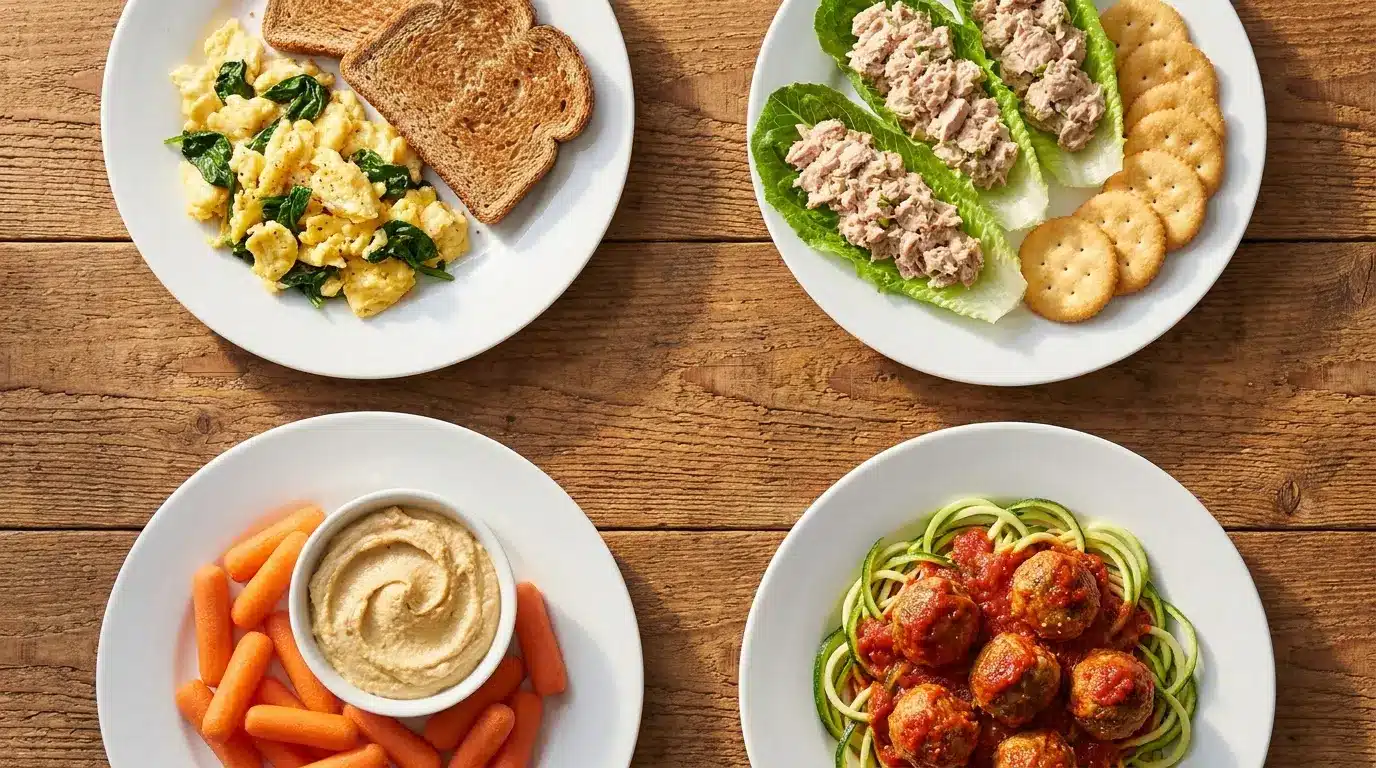 eggs tuna lettuce wraps carrots hummus and turkey meatballs shown as a light filling meal day