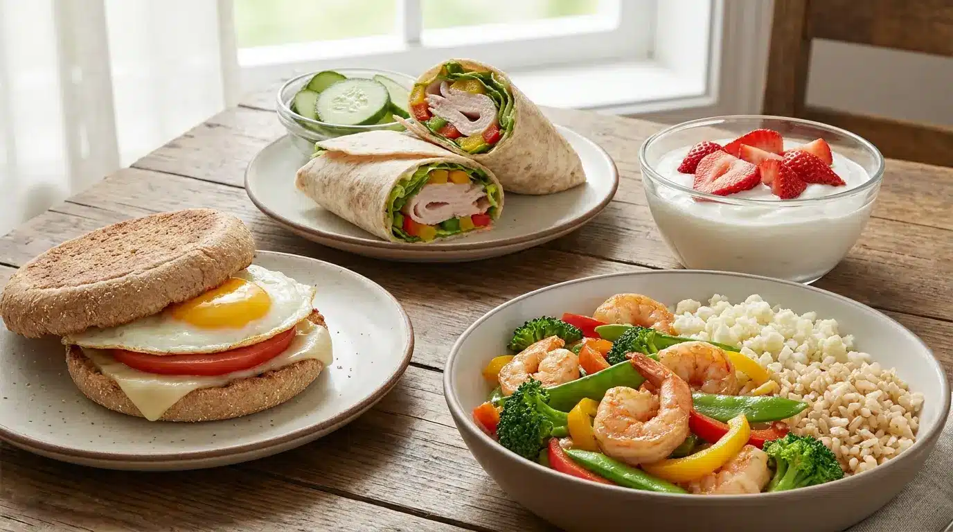 english muffin turkey wrap yogurt strawberries and shrimp stir fry shown as a high protein day