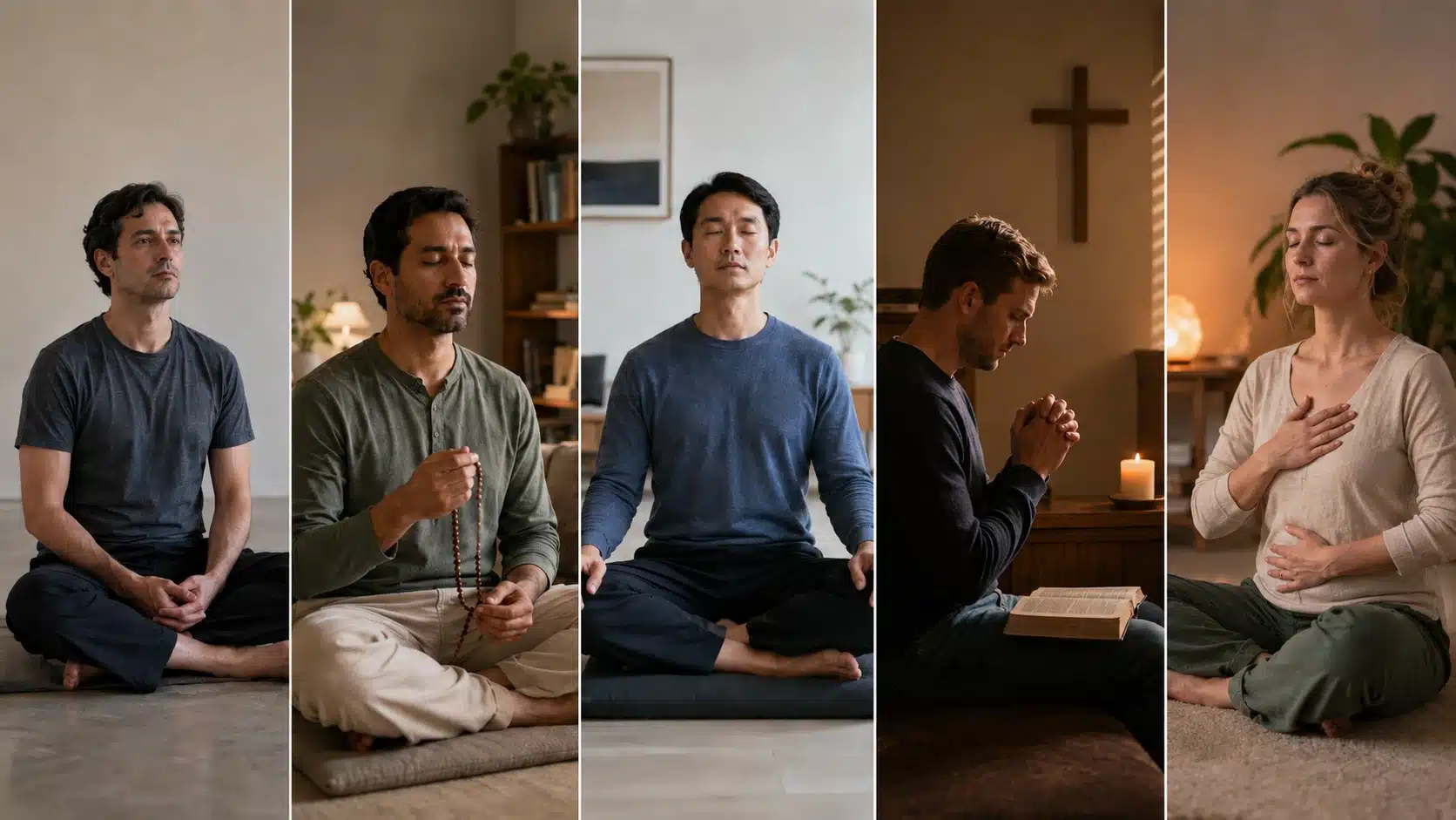 five panel image showing different meditation practices compared from a christian caution perspective