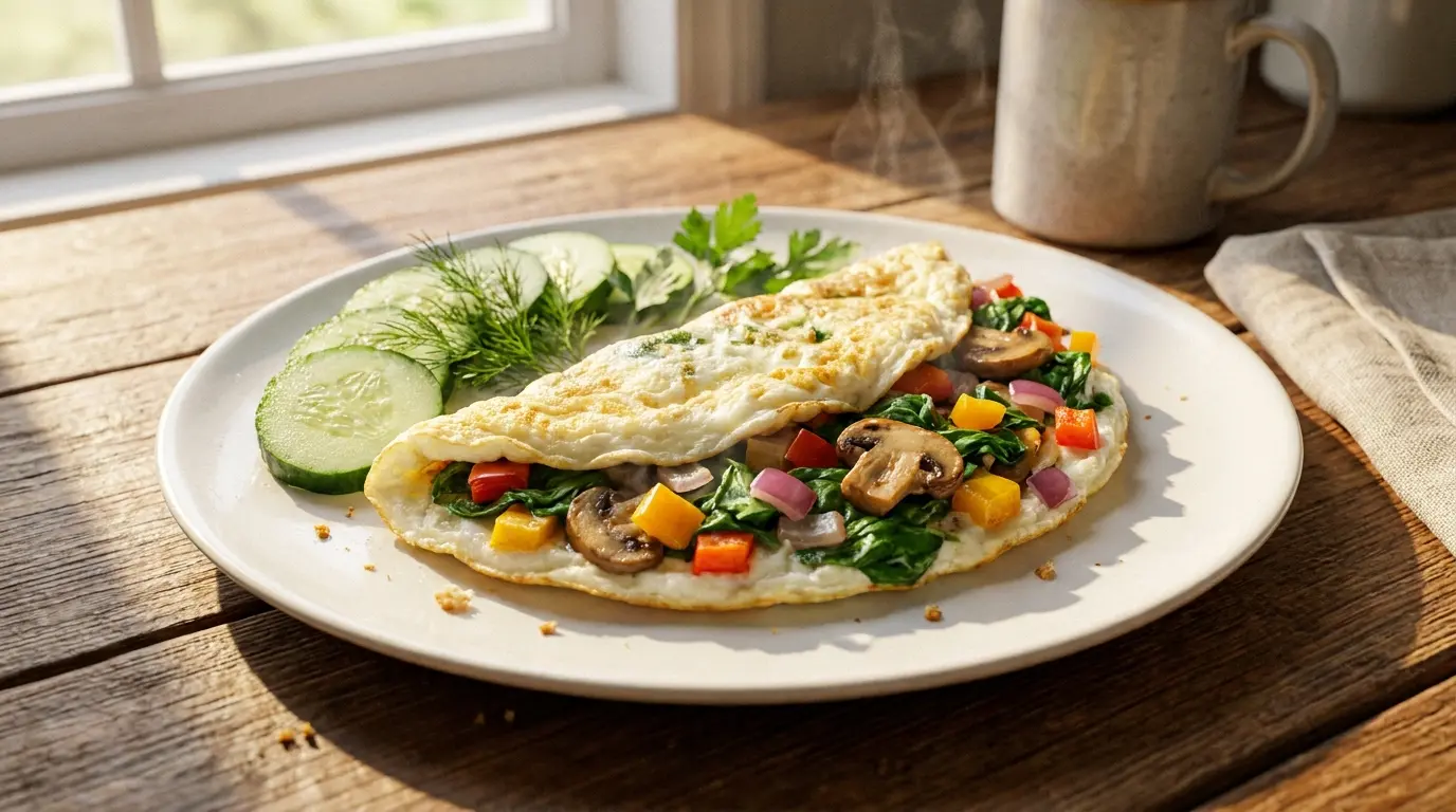 fluffy egg white omelet with spinach mushrooms peppers and onion served in a white breakfast plate