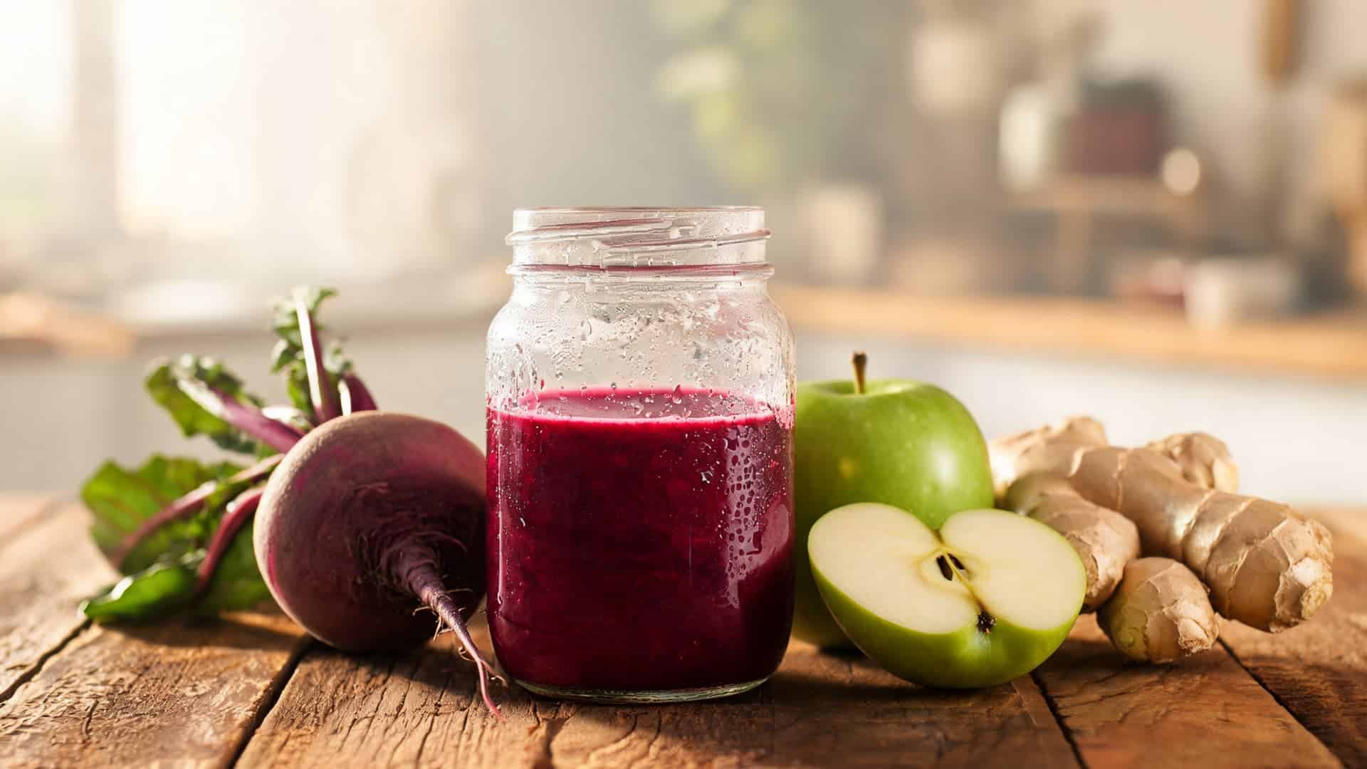 fresh beet apple ginger juice in glass jar with beets apple and ginger on wooden table