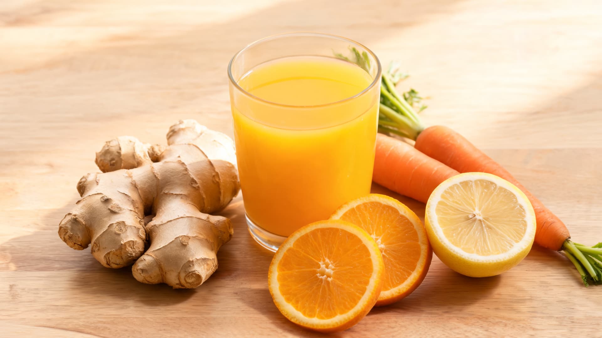 fresh glass of orange carrot and ginger juice with fruits and vegetables nearby
