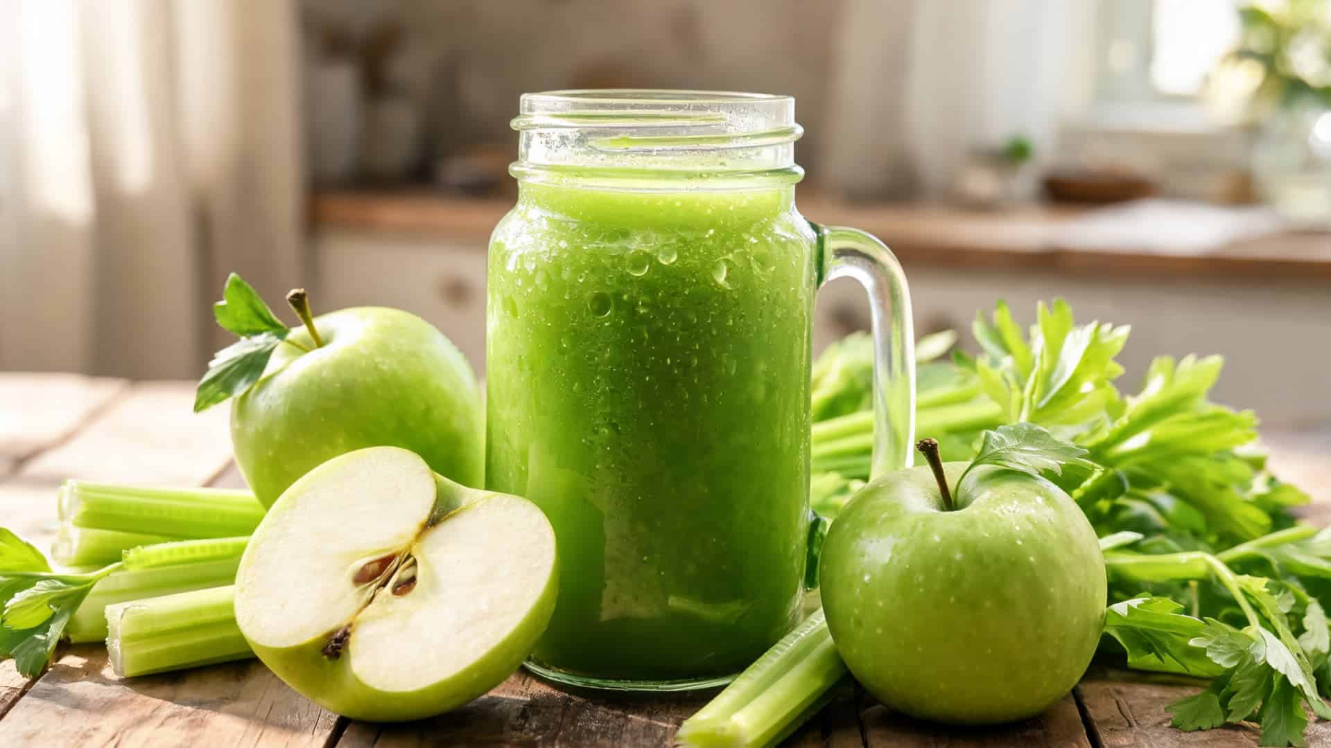fresh green apple celery juice in mason jar with apples and celery on wooden table in kitchen