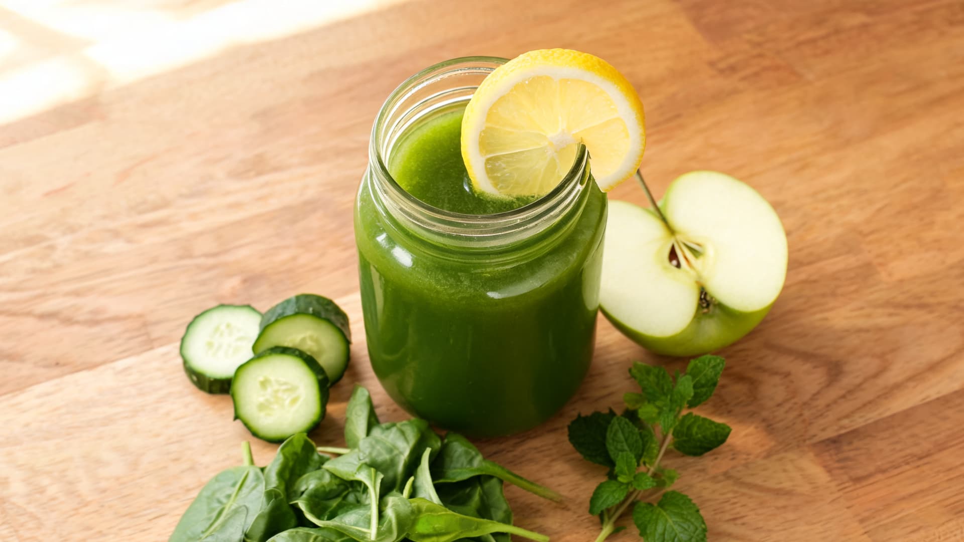 fresh green juice in a glass jar with lemon slice surrounded by spinach cucumber and apple on wooden surface
