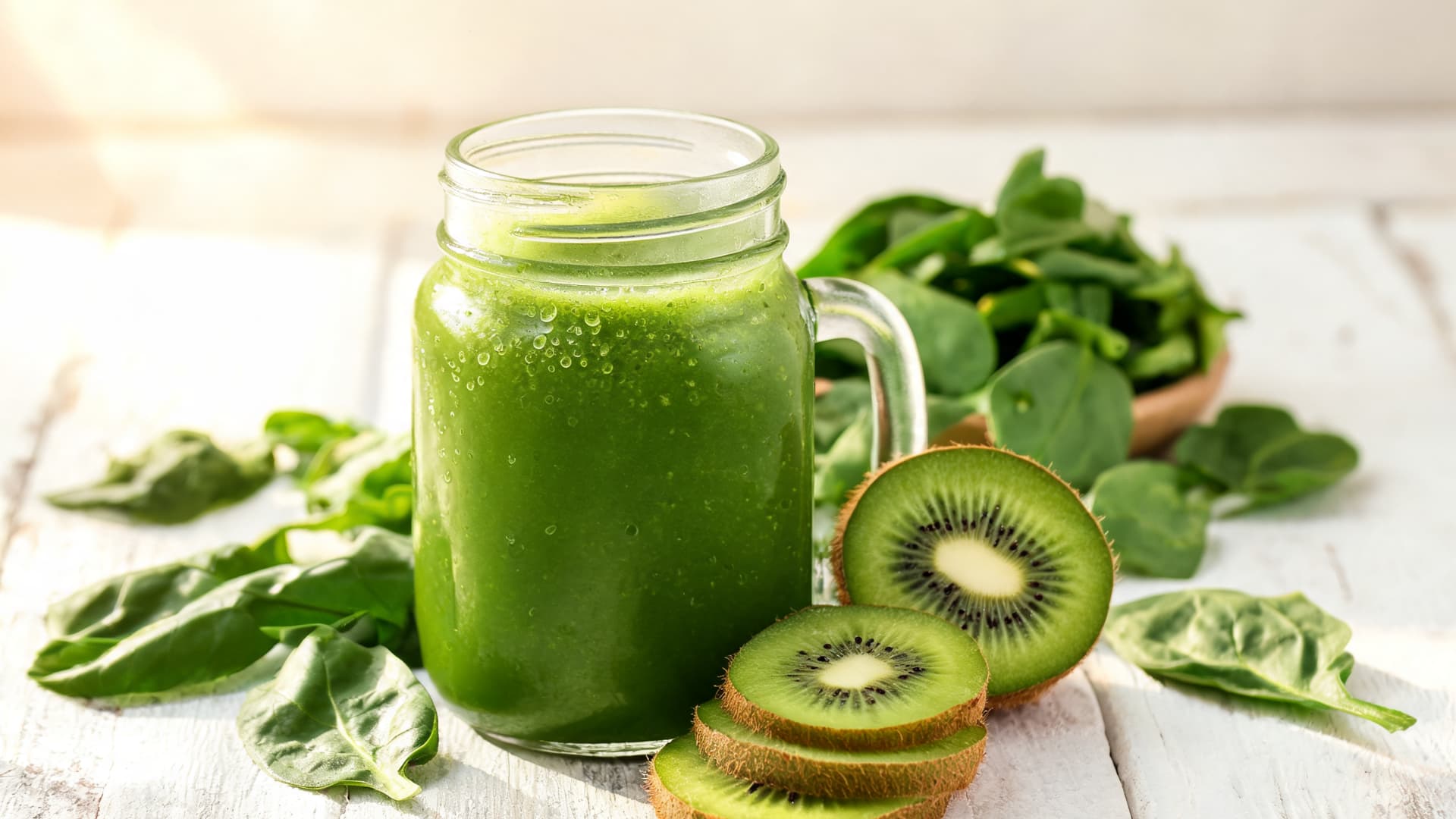 fresh green kiwi spinach smoothie in mason jar with kiwi slices and spinach on wooden table sunlight