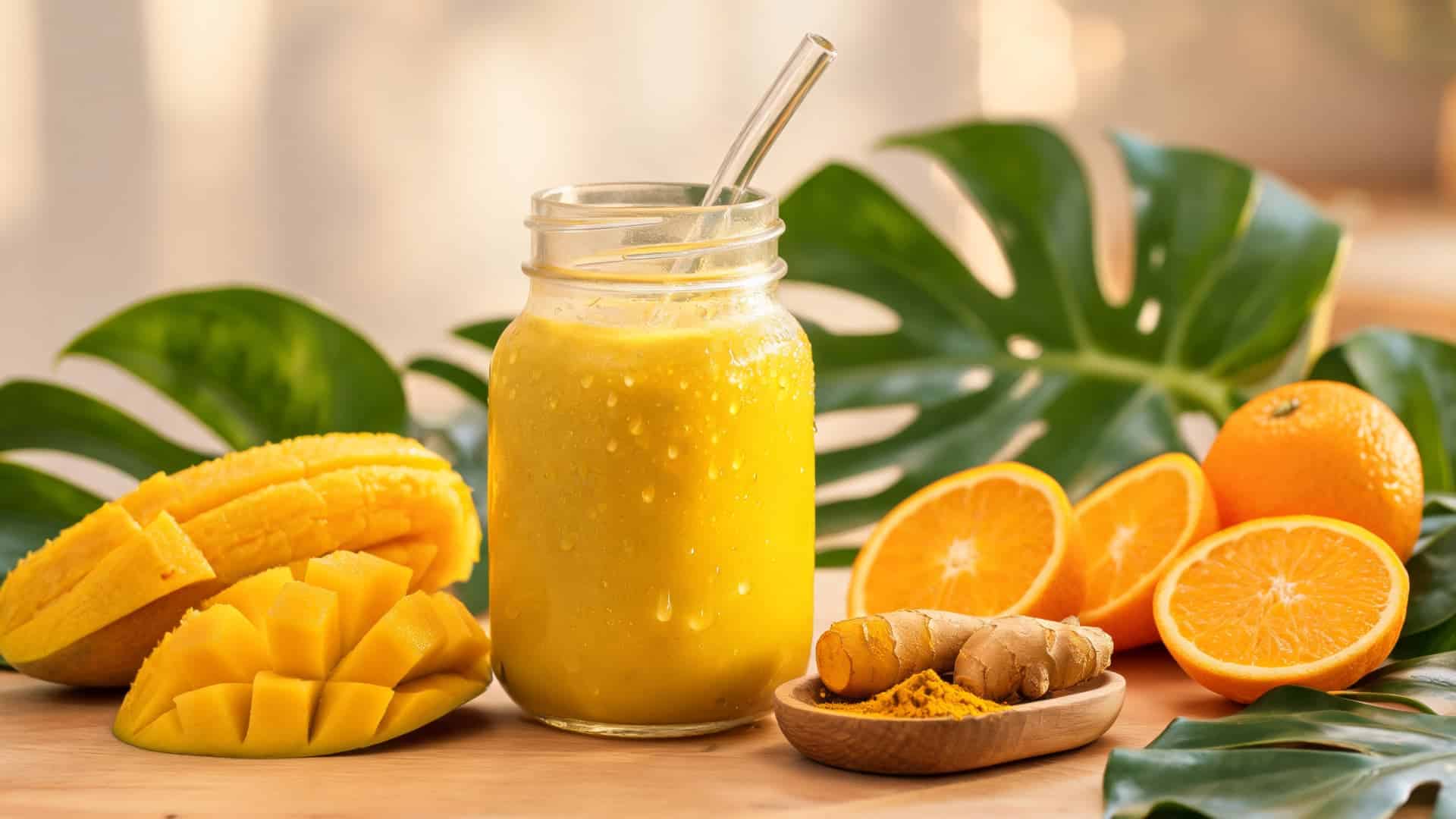 fresh mango turmeric smoothie in glass jar with mango slices oranges ginger and turmeric on wooden table