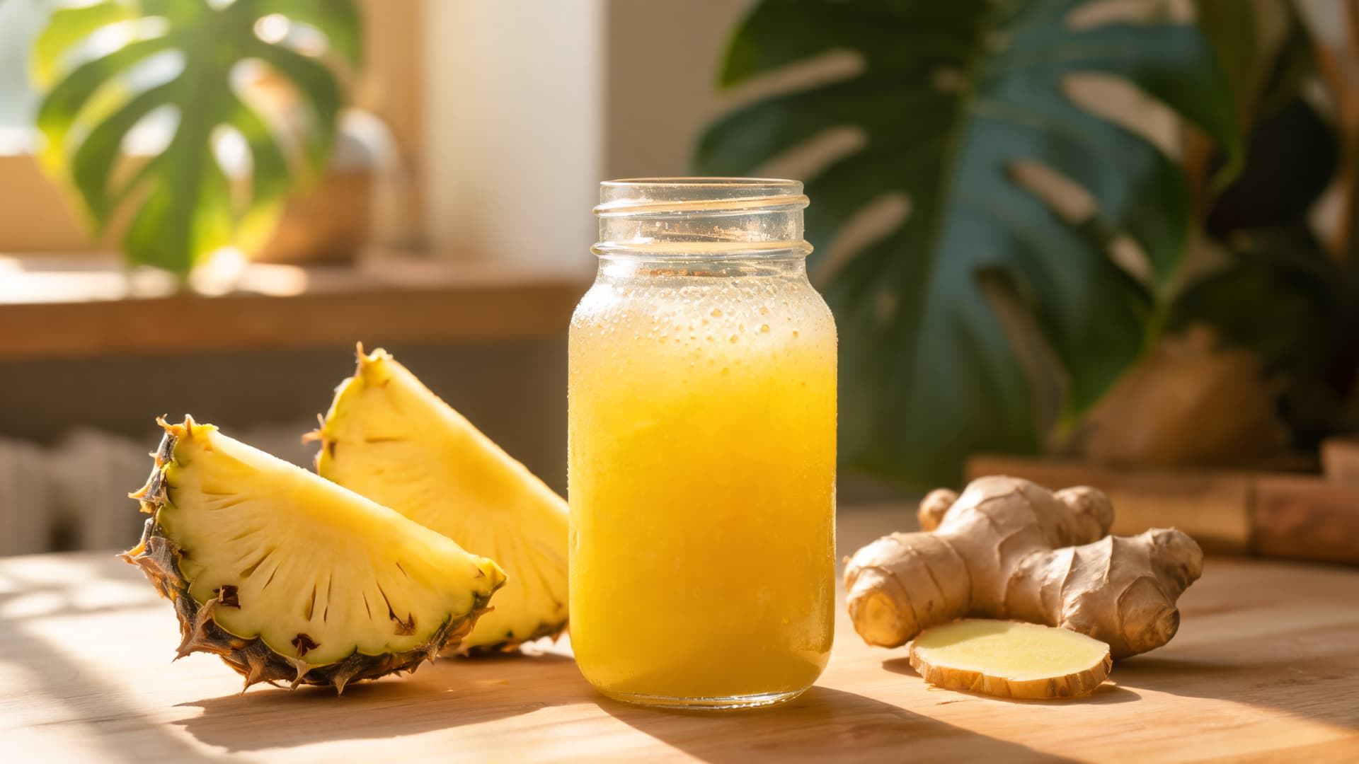fresh pineapple juice in mason jar with ginger and pineapple wedges on wooden table in warm sunlight