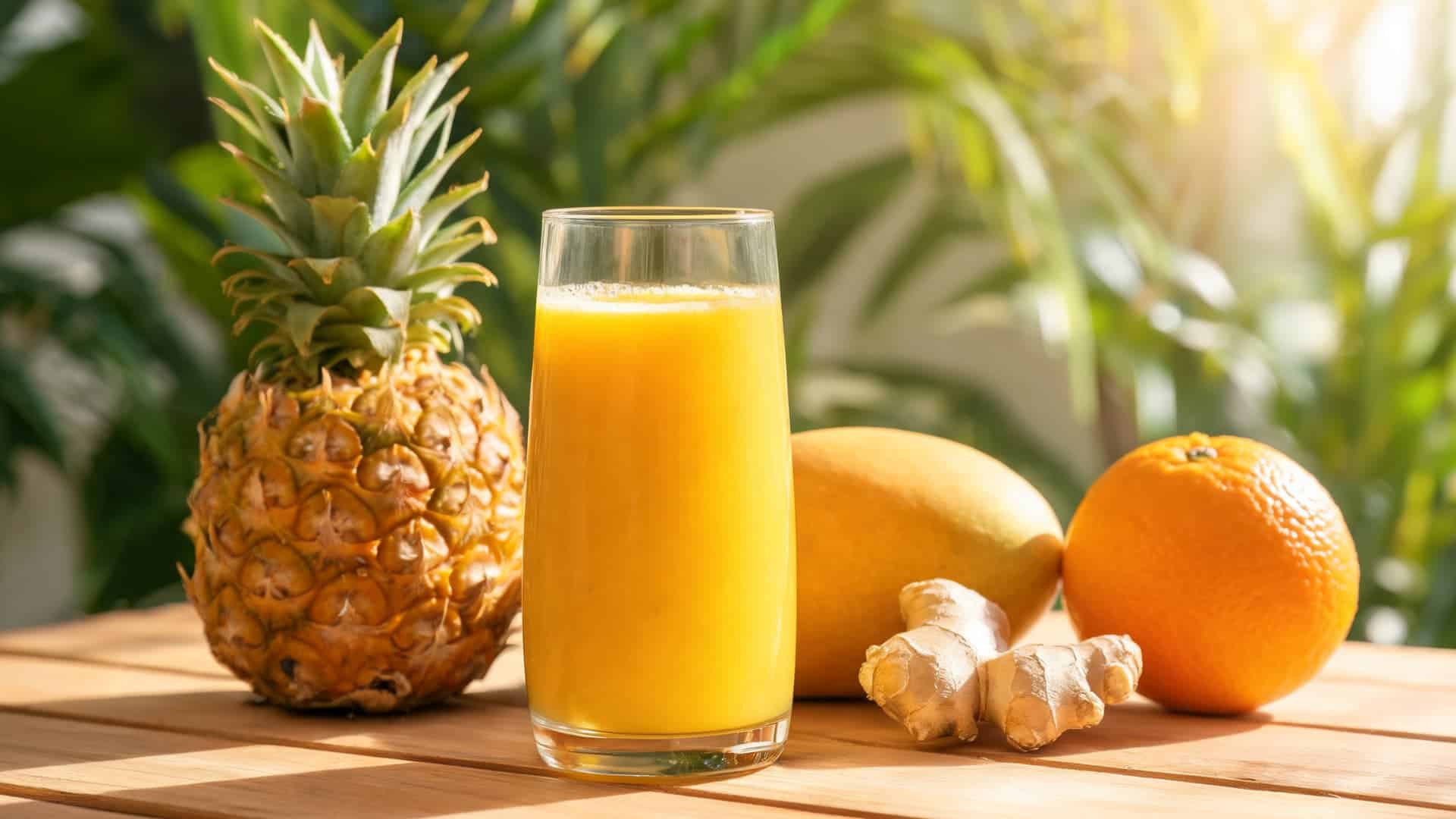 fresh pineapple mango orange juice in glass jar with ginger on wooden table tropical sunlight background