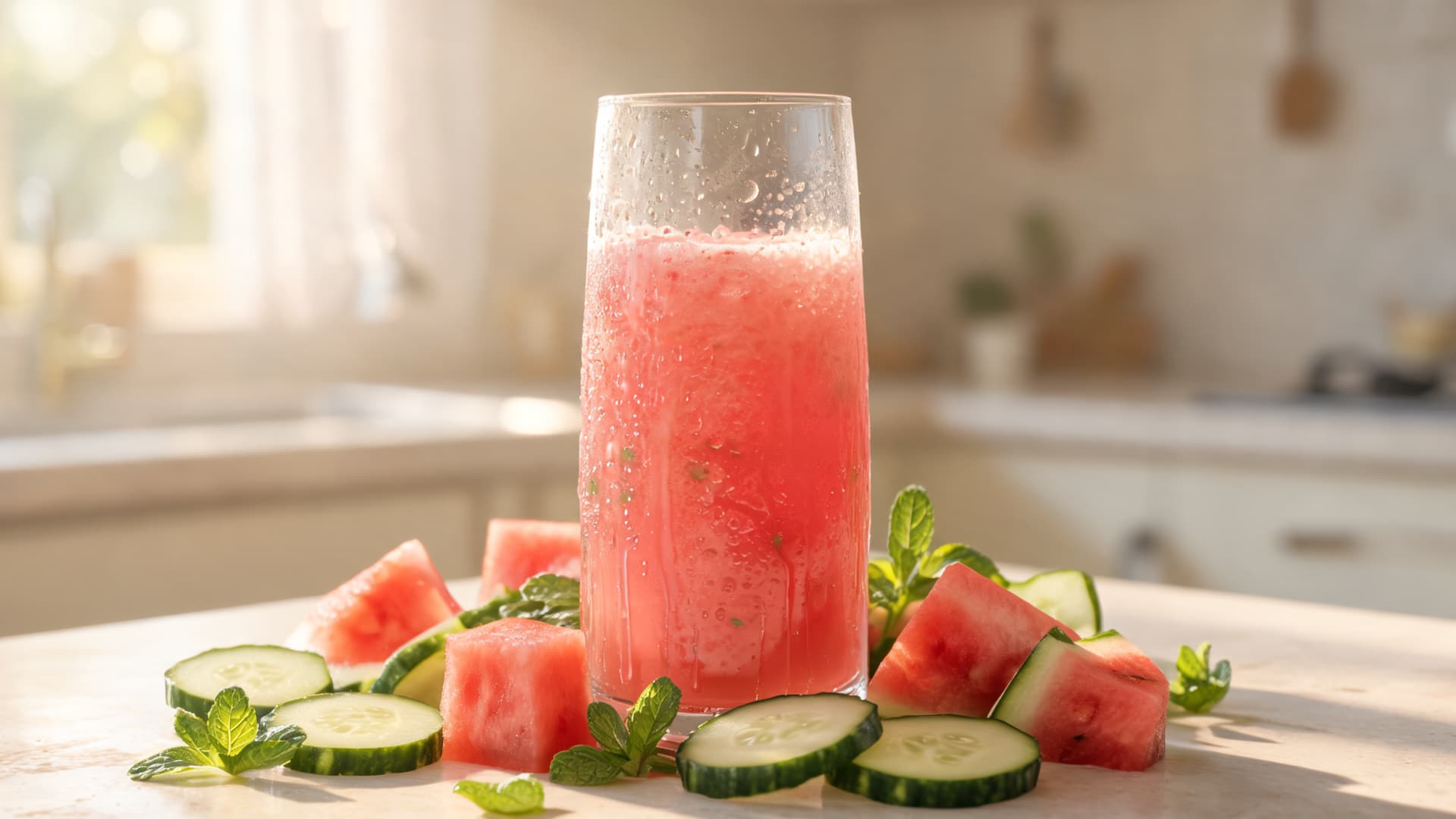 fresh watermelon juice in a tall glass surrounded by slices of cucumber watermelon and mint leaves on wooden surface with sunlight streaming in