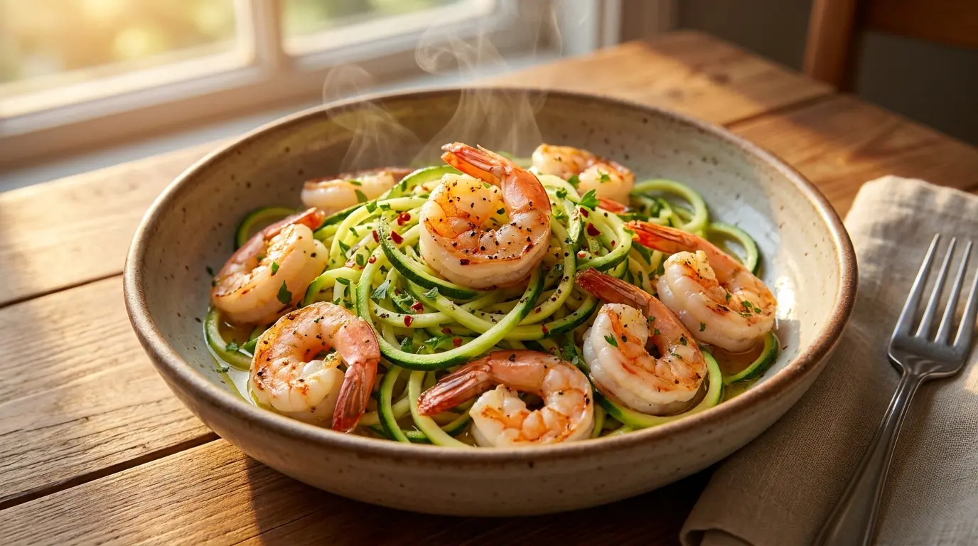 garlic shrimp zucchini noodles with lemon chili flakes and herbs served in a shallow dinner bowl