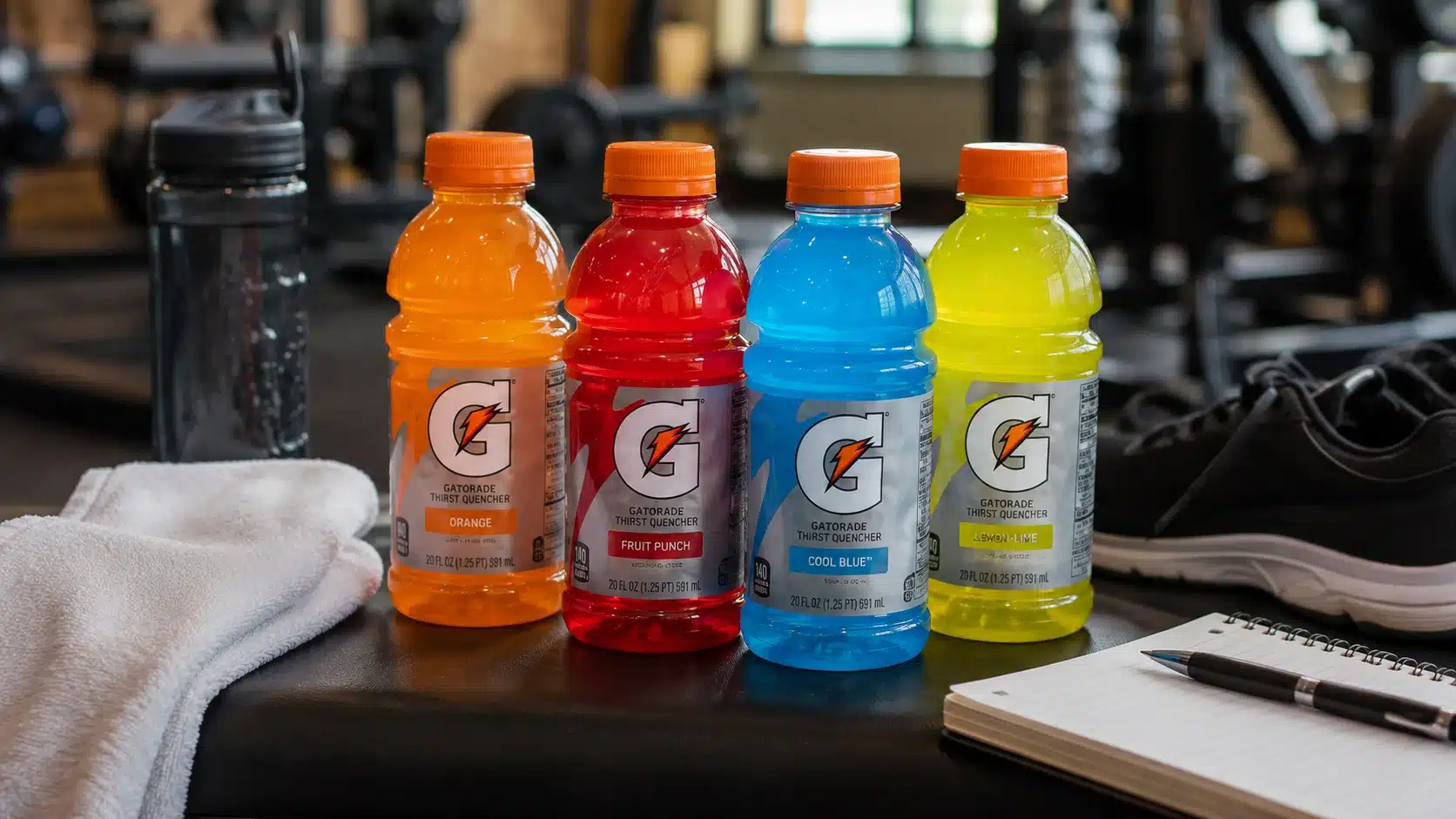 gatorade bottles on a gym bench with workout gear for nutrition facts and calorie comparison