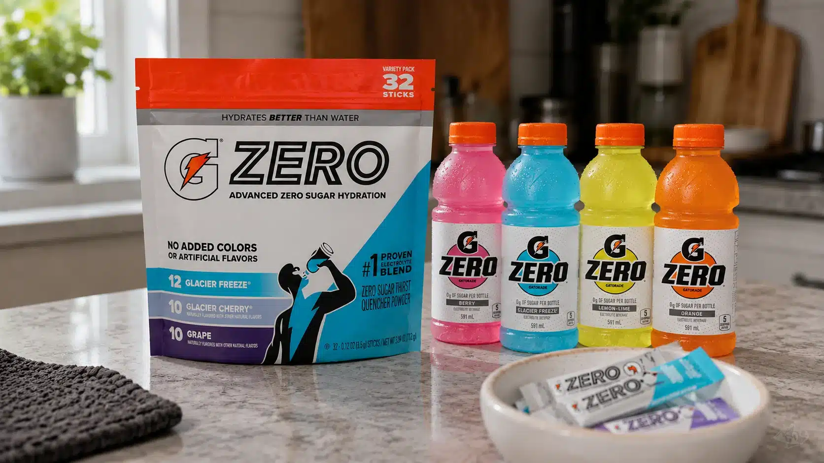 gatorade zero beside a water bottle and towel after light exercise