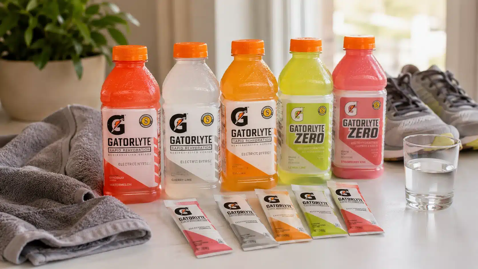 gatorlyte product beside running shoes towel and water after hot outdoor activity
