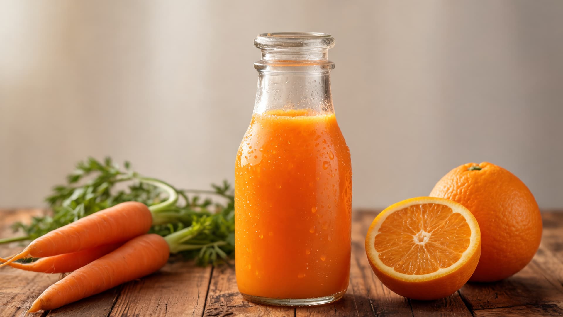 glass bottle filled with fresh orange carrot juice surrounded by whole carrots and sliced oranges on wood table