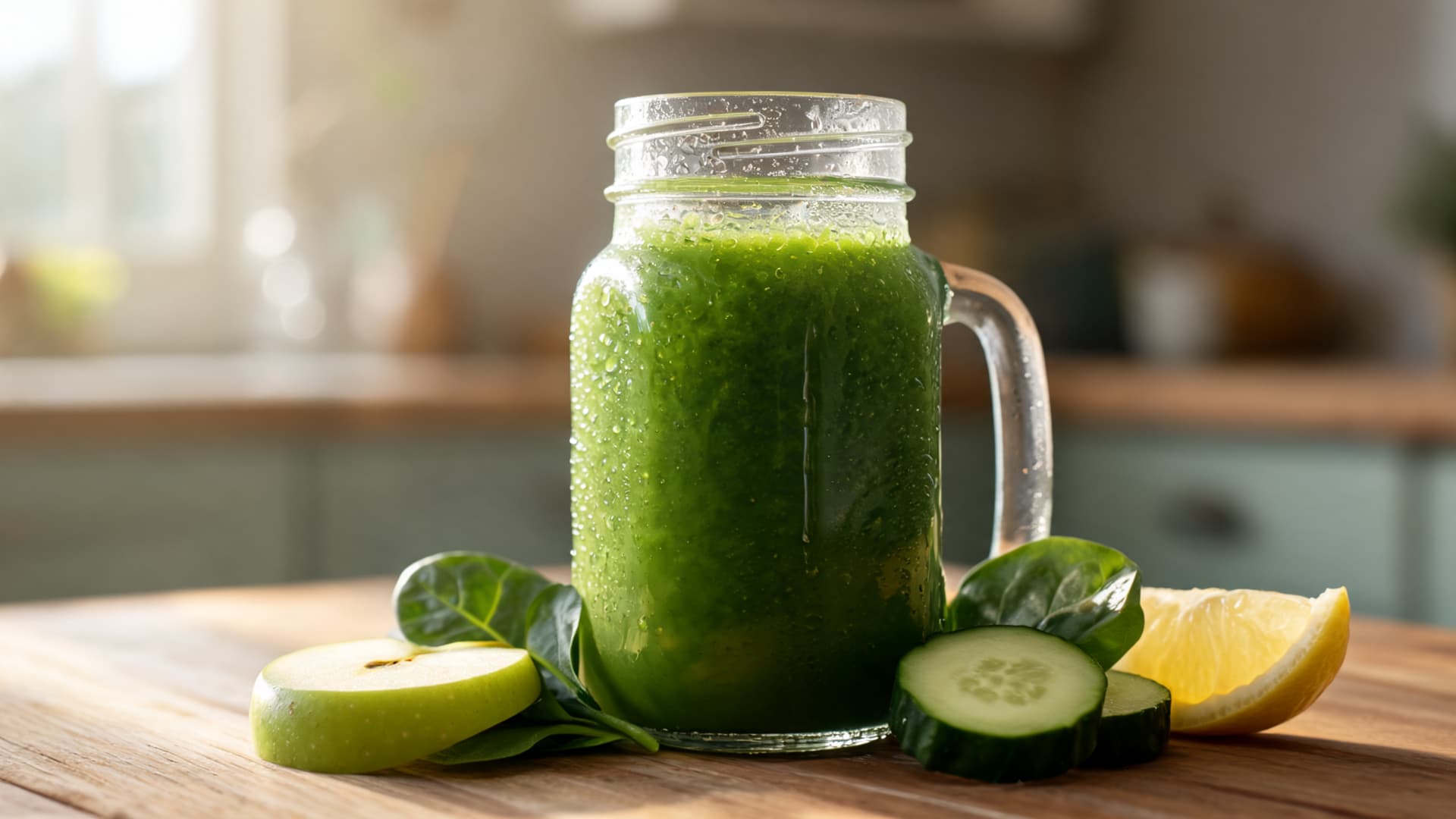 glass mason jar with green smoothie surrounded by fresh spinach cucumber slices and lemon wedge on wooden table