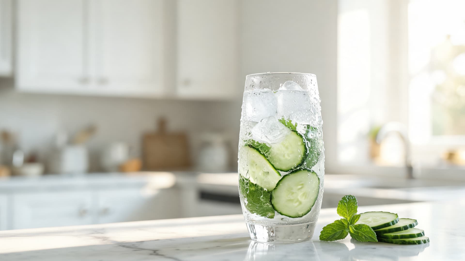 glass of chilled cucumber mint infused water with ice cubes and fresh cucumber slices on kitchen counter