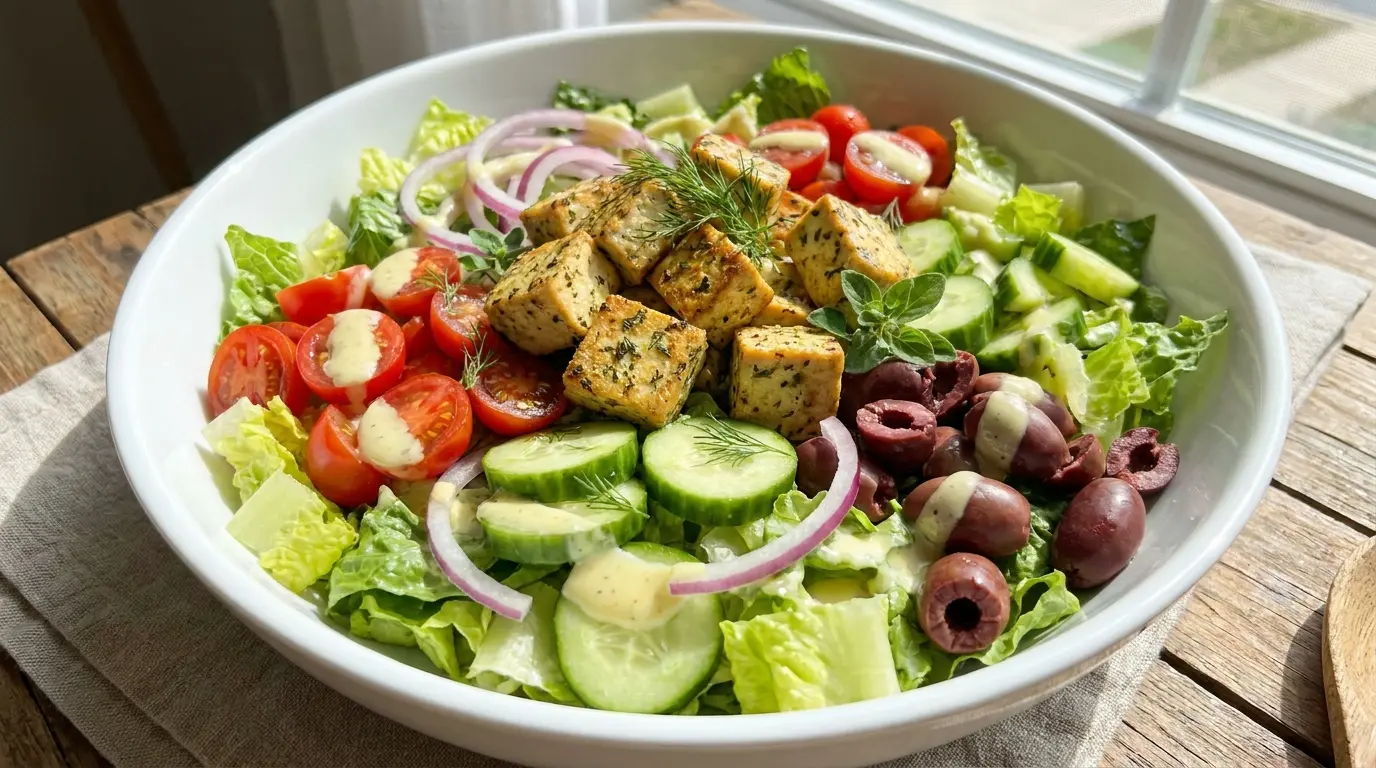 greek tofu salad bowl with romaine cucumber tomatoes onion olives and lemon yogurt dressing