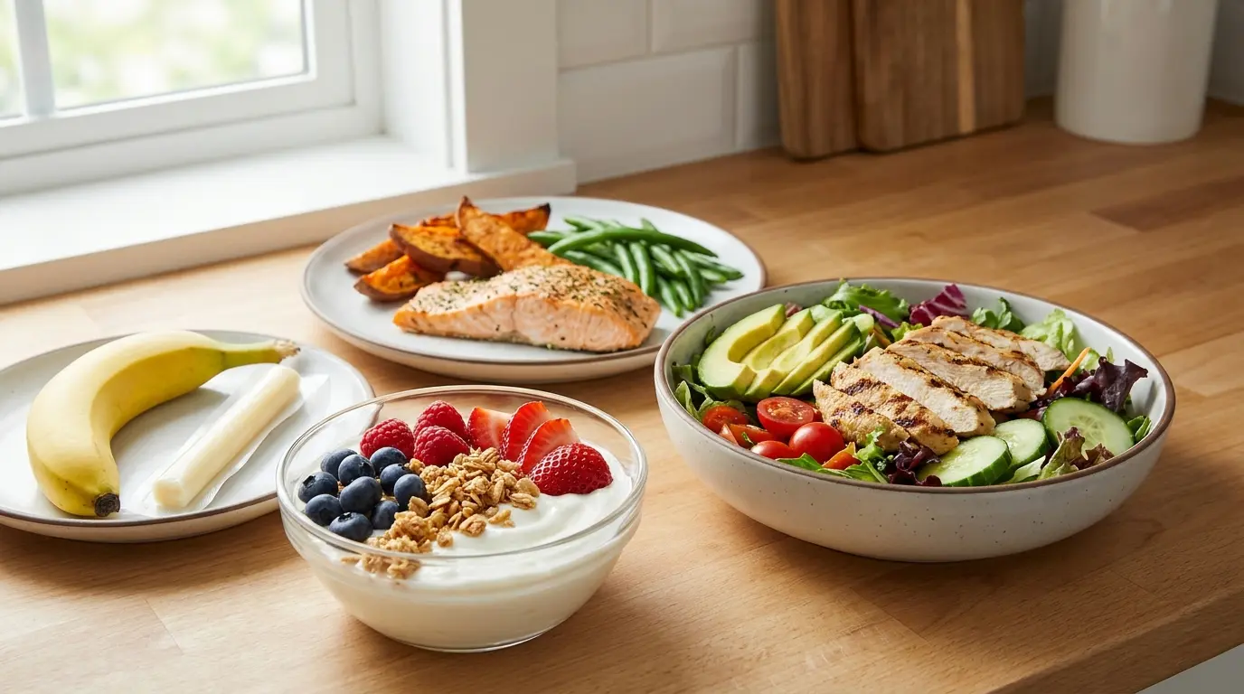 greek yogurt chicken salad salmon green beans sweet potato and fruit set for a high protein day