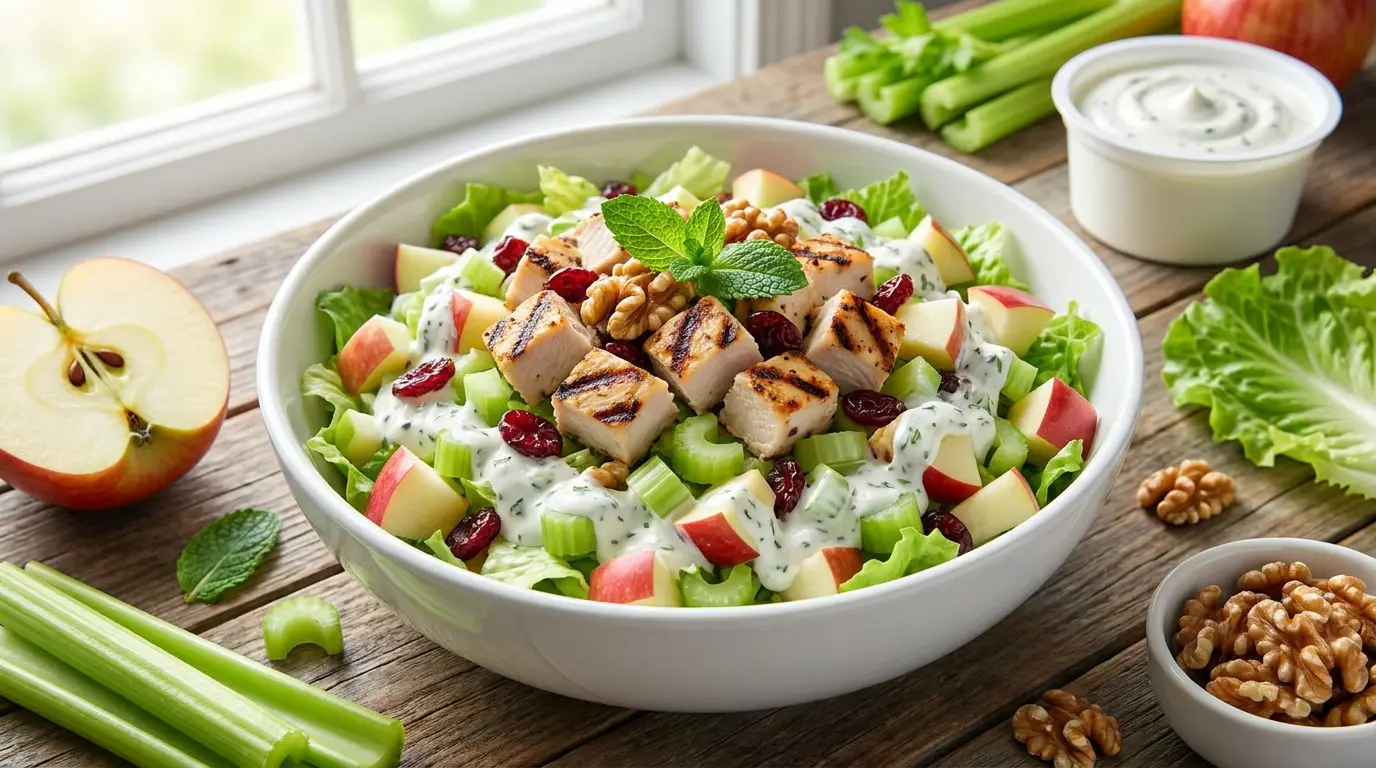 grilled chicken apple celery and lettuce breakfast bowl with creamy yogurt dressing in soft light