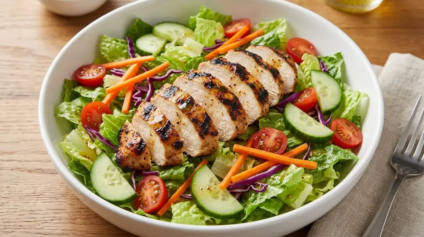 grilled chicken garden salad with romaine cucumber tomatoes carrots and light dressing in a bowl