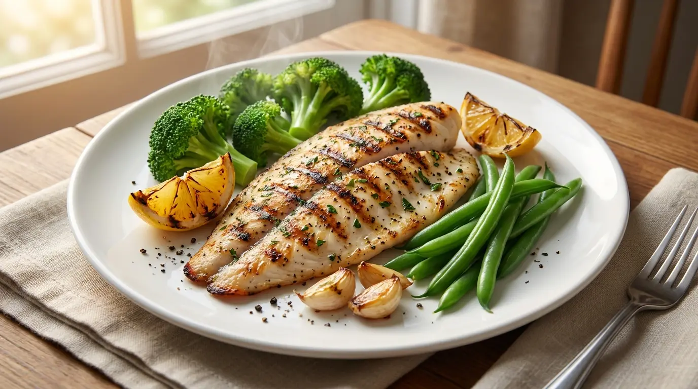grilled tilapia dinner plate with broccoli green beans lemon herbs and clean white tableware