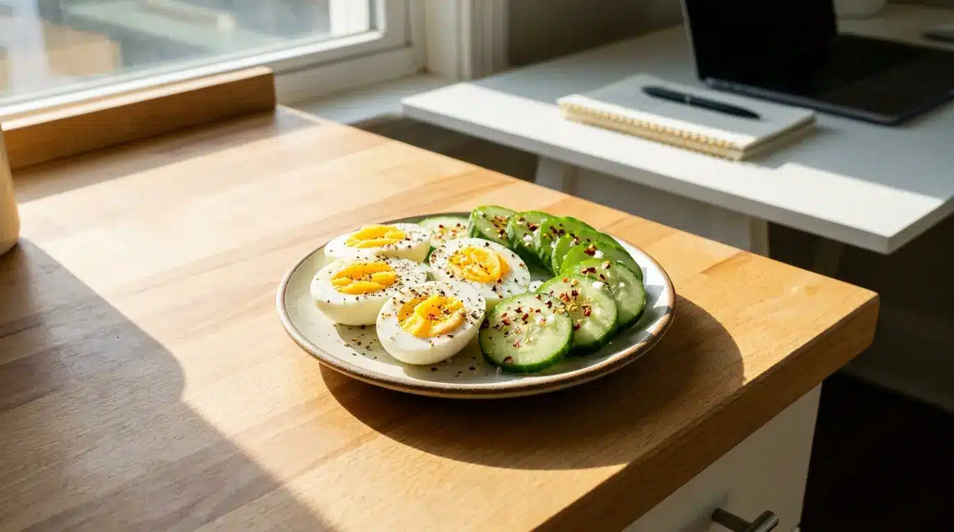 hard boiled egg cucumber snack plate with pepper chili flakes and simple fresh ingredients