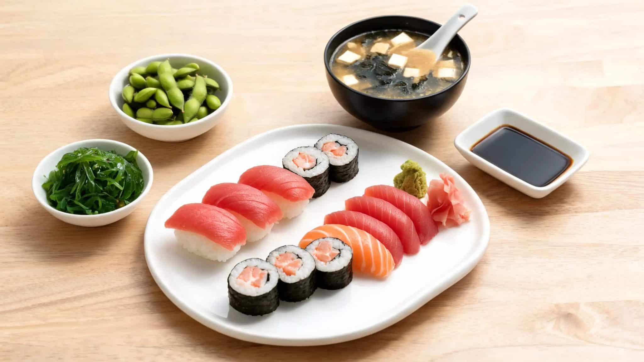 japanese sushi platter with sashimi, maki rolls, edamame, miso soup, soy sauce on wooden table meal
