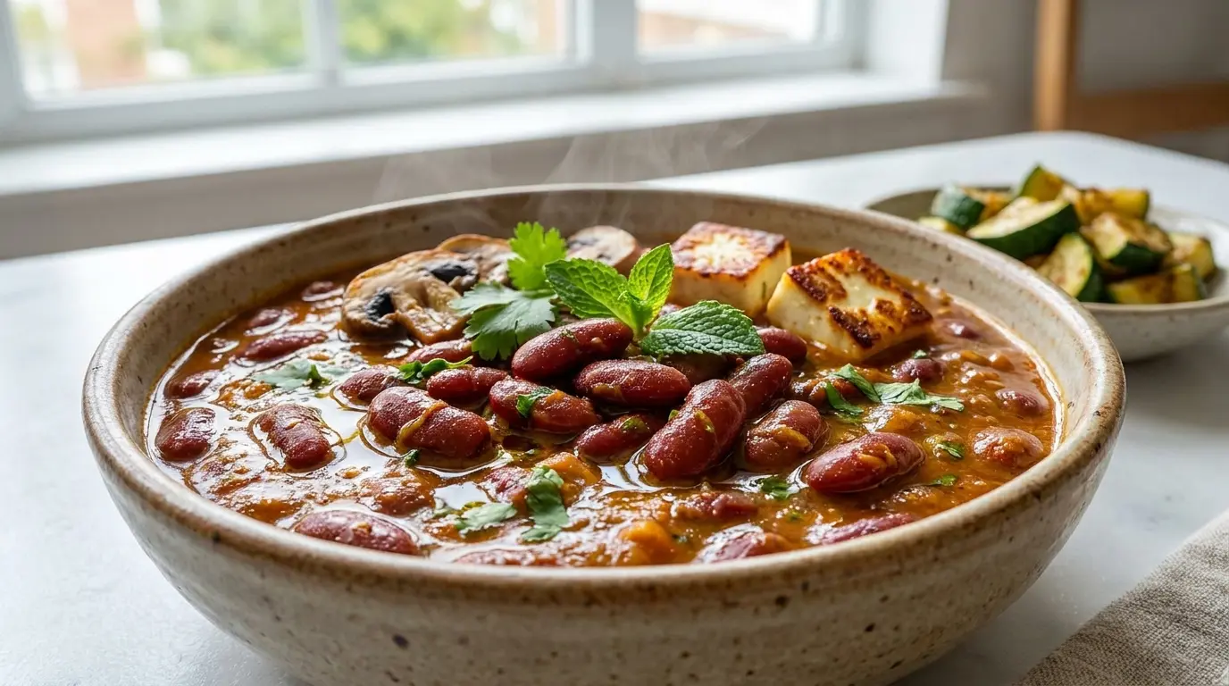 kidney beans in curry sauce with mushrooms paneer and zucchini nearby